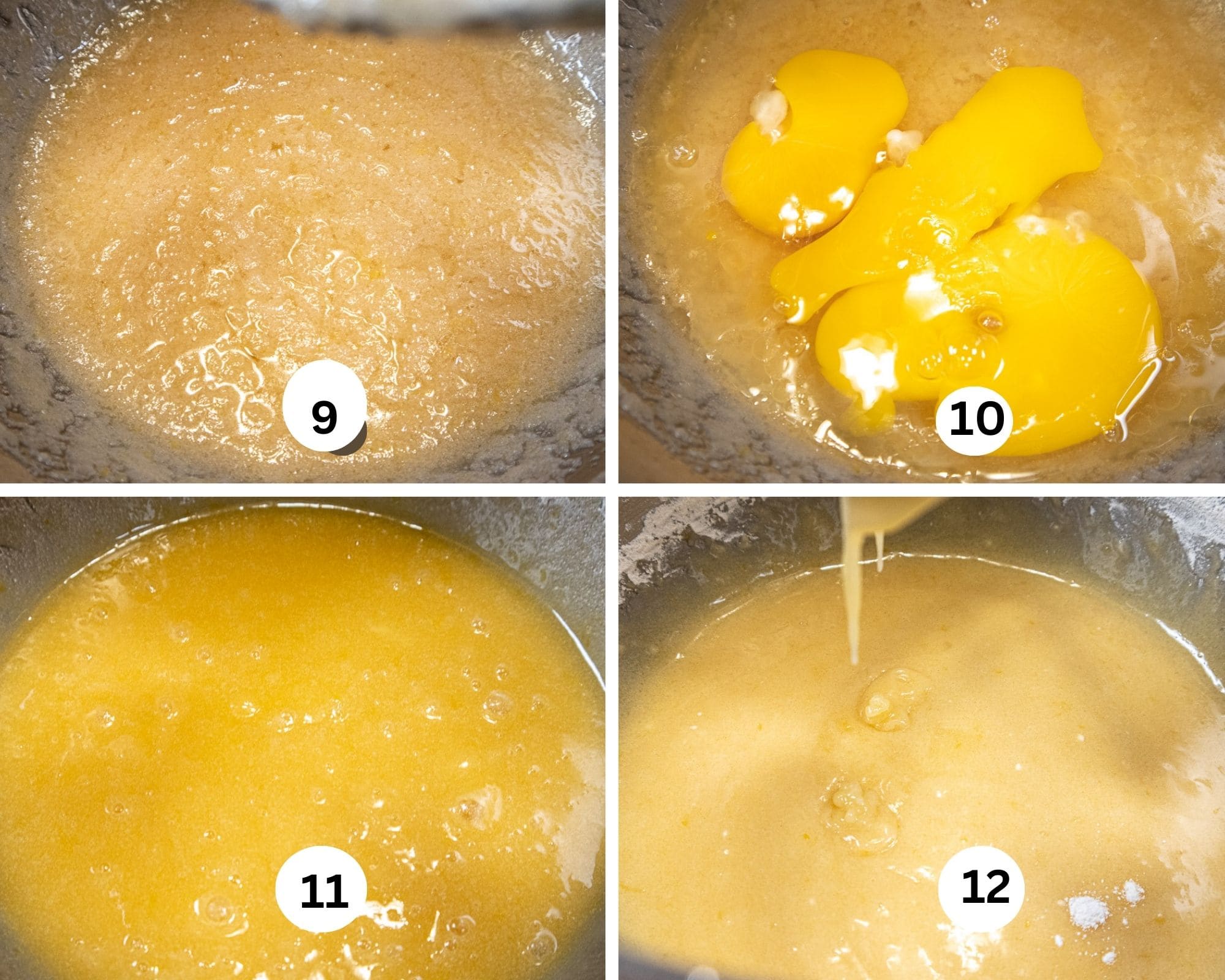 This collage shows the wet ingredients mixed, the eggs and yolk added and mixed and the buttermilk added and mixed.