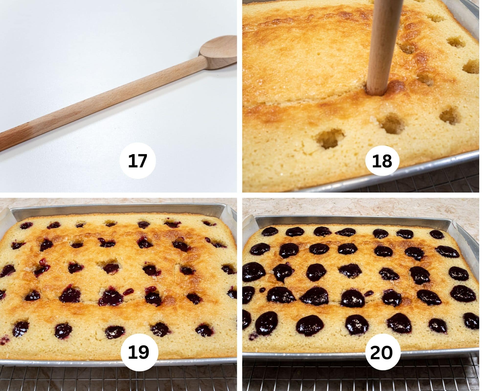 This collage shows the wooden spoon used to make the holes in the cake, making the holes, filling the holes twice .