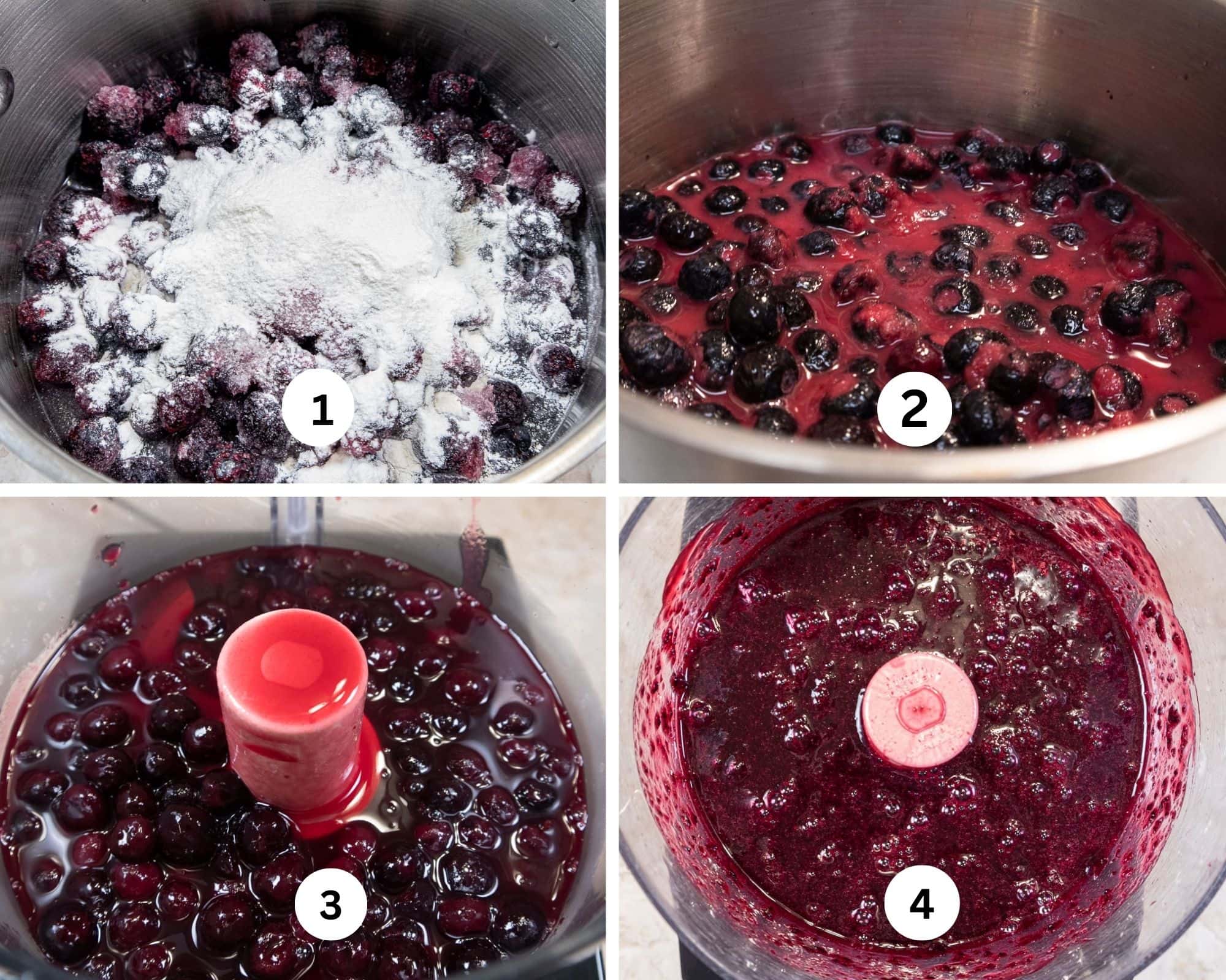 The blueberry puree collage shows the blueberries in a saucepan with the sugar and thickening on top, mixed in the pan, the cooked berries in the food processor and then processed.