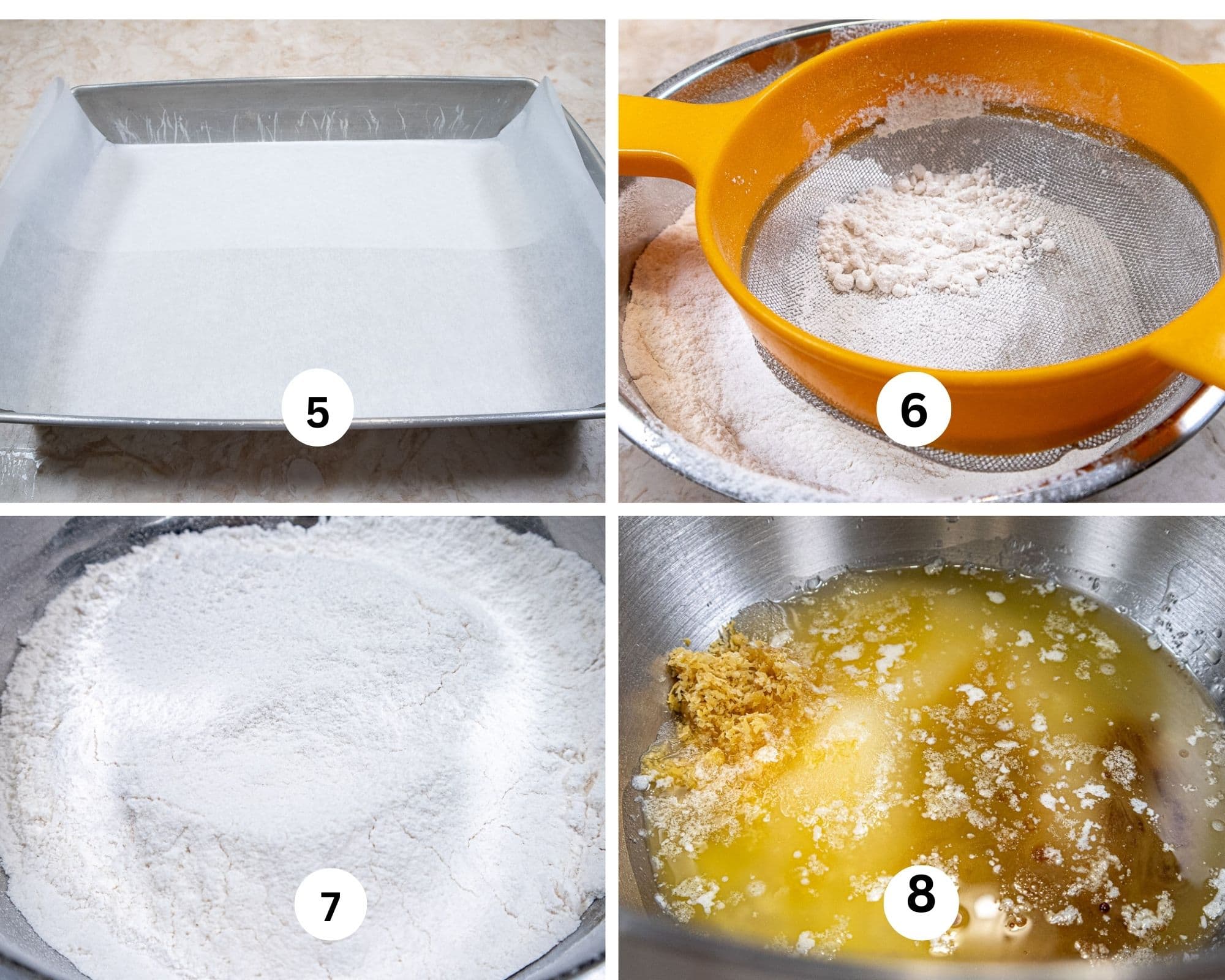 The first collage for the cake shows the panlined with paper, the cake flour being sifted, the dry ingredients whisked together and the wet ingredients in a mixing bowl.