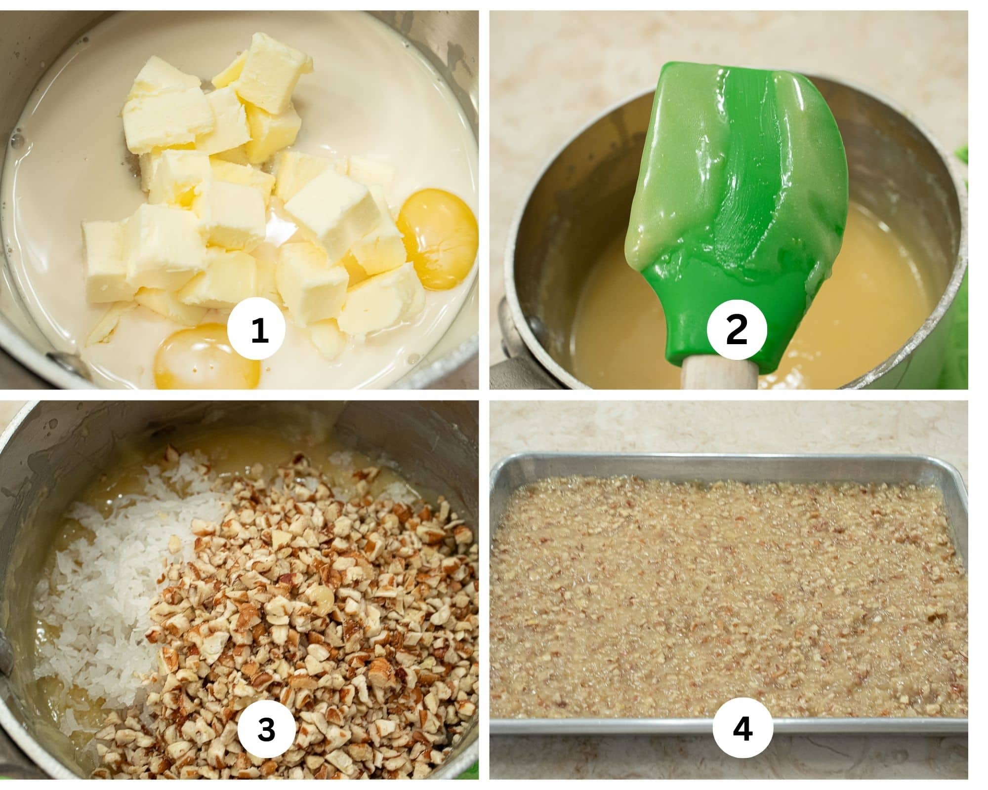 The first collage shows the filling for the rolls with the butter,eggs, sugar and evaporated milk in a pan. a spatula showing when it is done,the coconut and pecans and the finish filling quick cooling by laying it out on a tray.