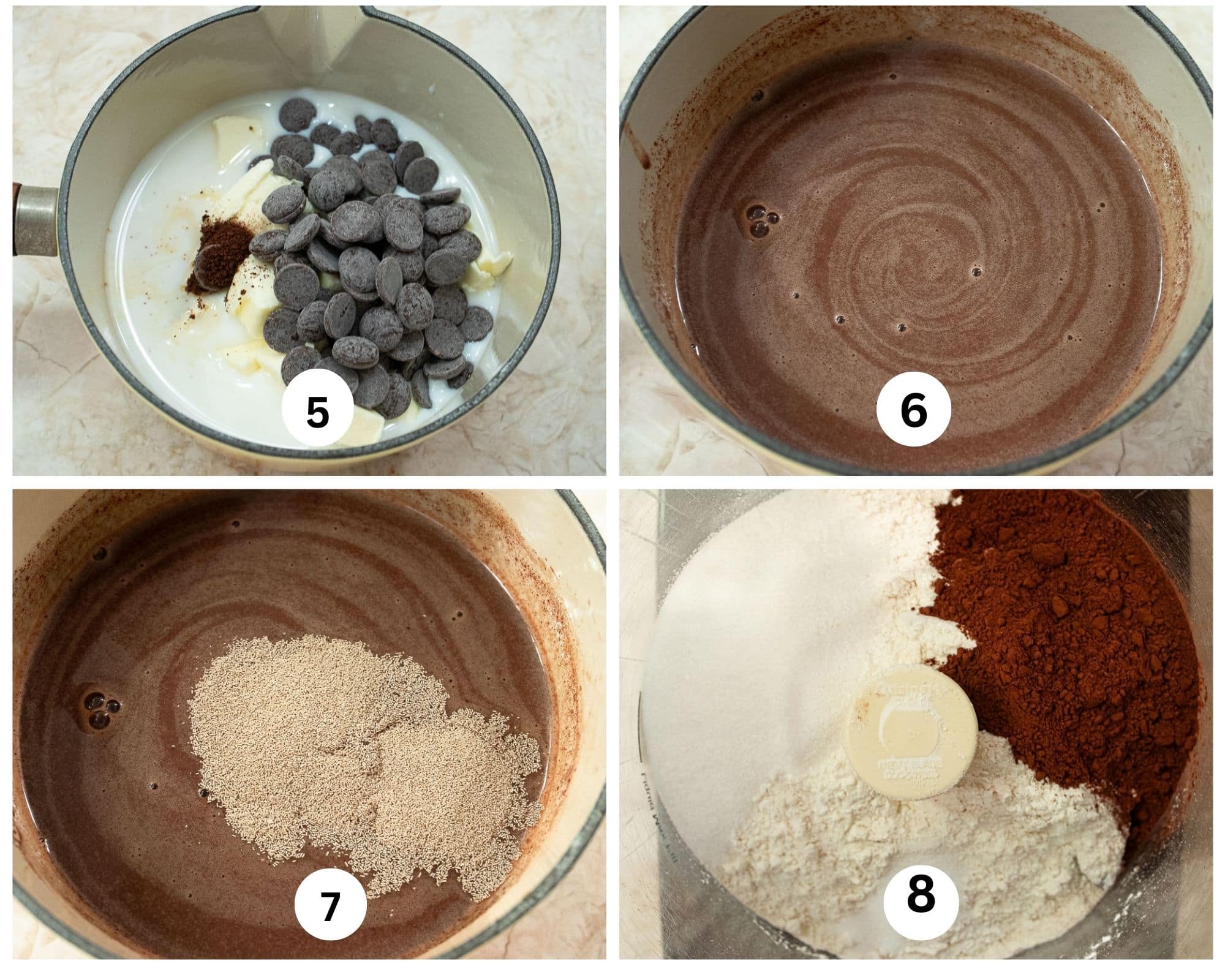 This collage shows the milk, butter, chocolate and coffe in a saucepan, heated to liquid, yeast added and the dry ingredients in a processor bowl.