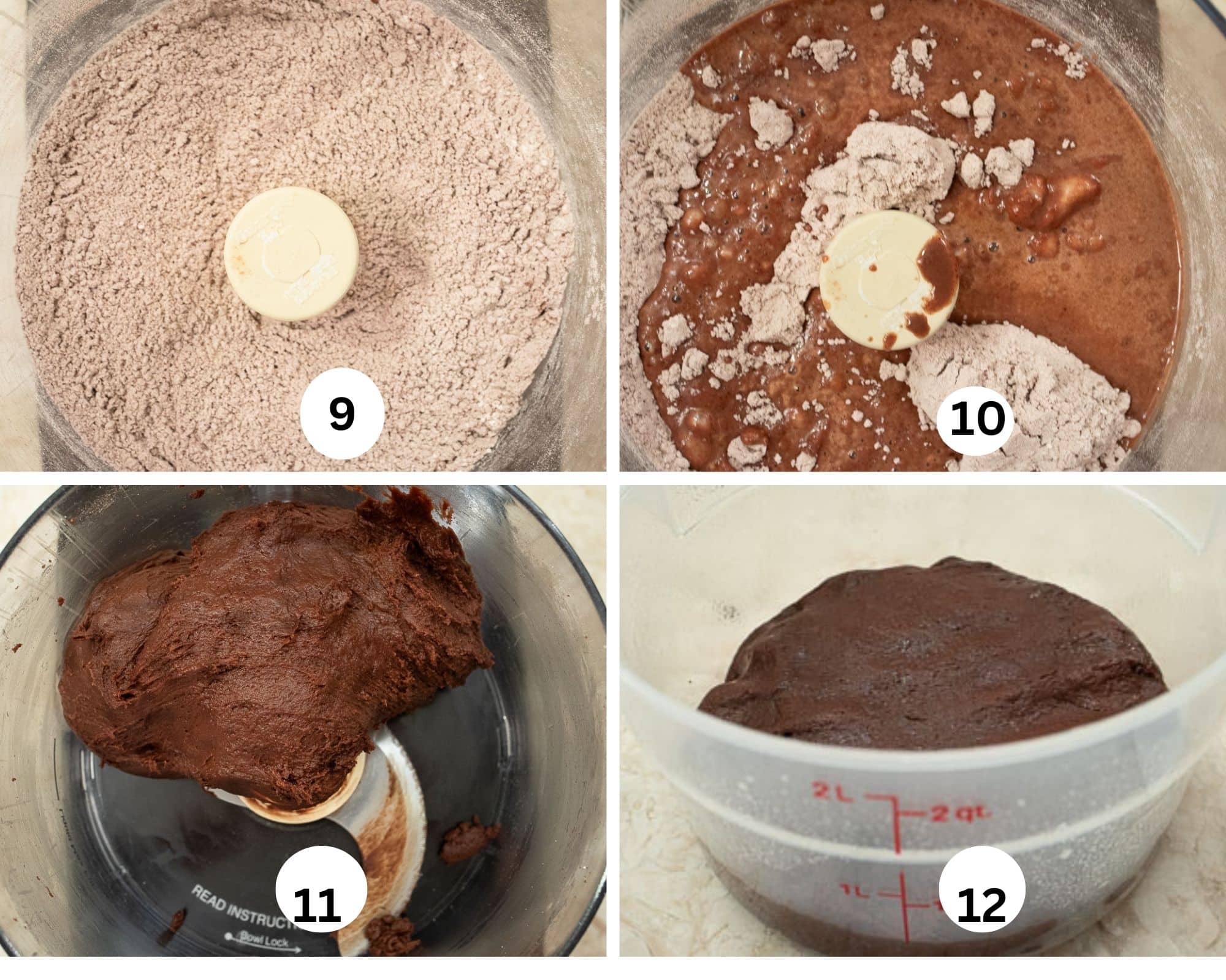 This collage shows the dry ingredients processed, the liquid added, the dough balled up and stored in a plastic container. 