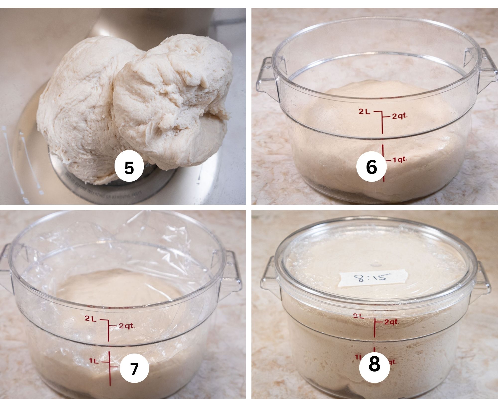The second collage shows the dough made in the bowl, in a rising container, and covered.