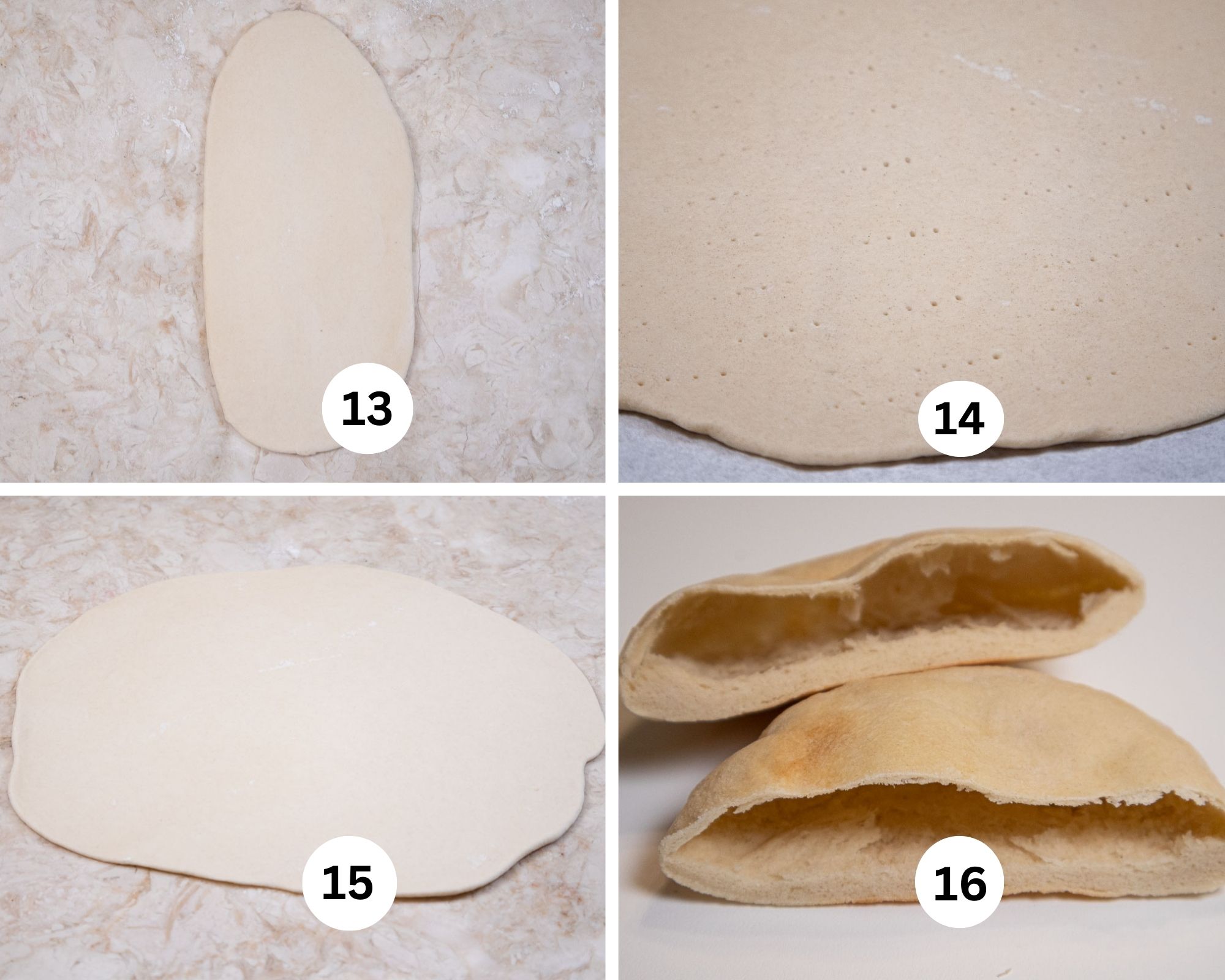 The last collage shows the dough rolled out into an oval, the dough pricked with a fork, the dough rolled into a circle and "Pita pockets" that can be made from the dough.