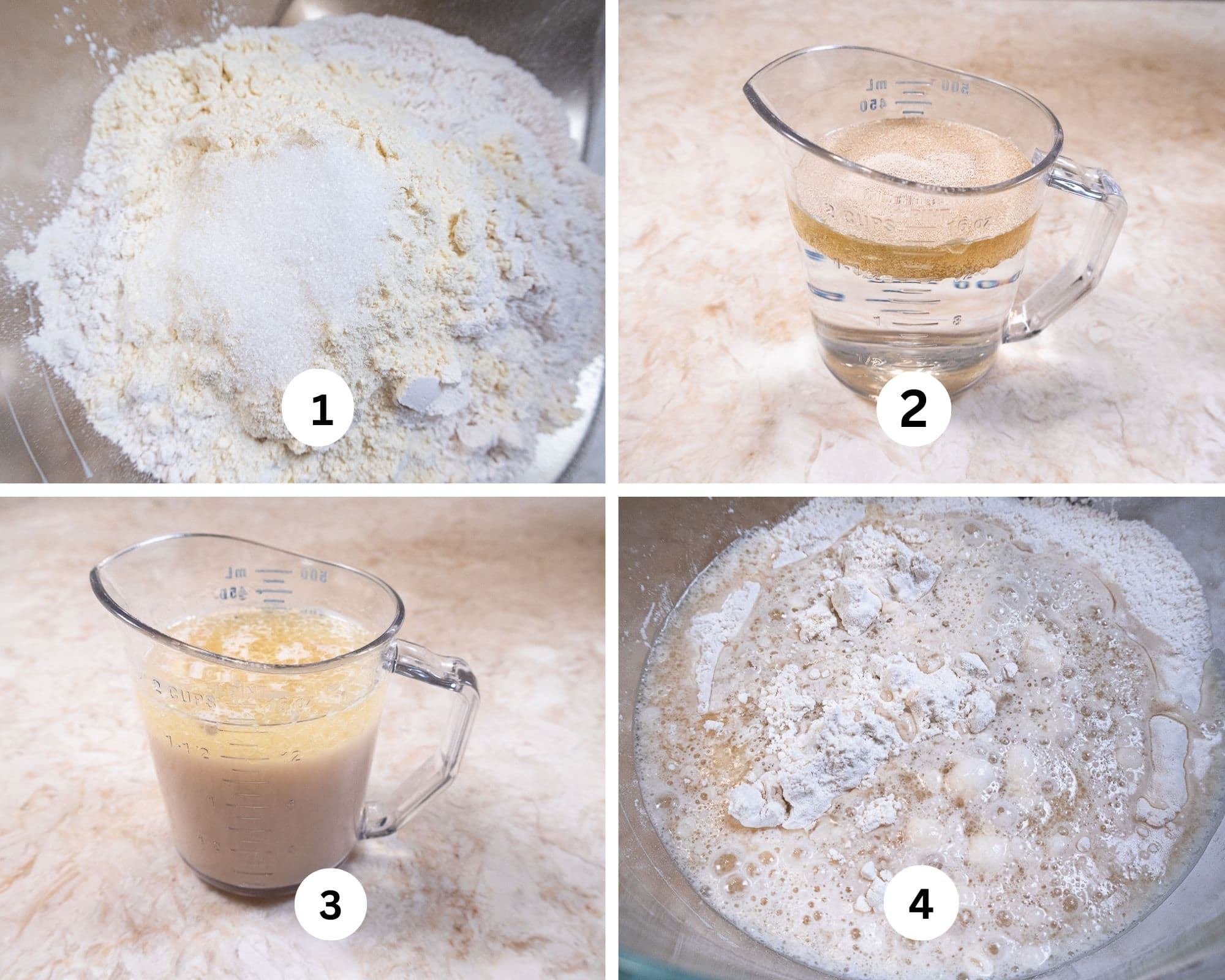 The first collage features the dry ingredients in a bowl, the water, yeast and oil mixed in a cup, then measured and last added tothe dry ingredients.