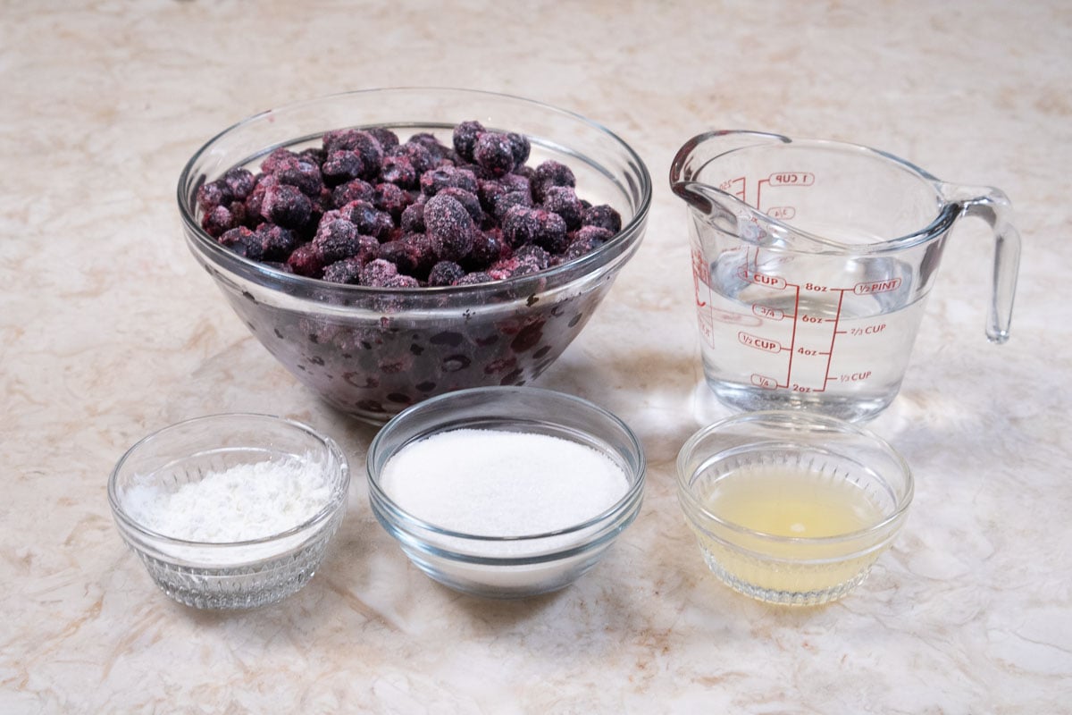 Blueberry puree ingredients include blueberries, water, cornstarch, sugar and lemon juice.