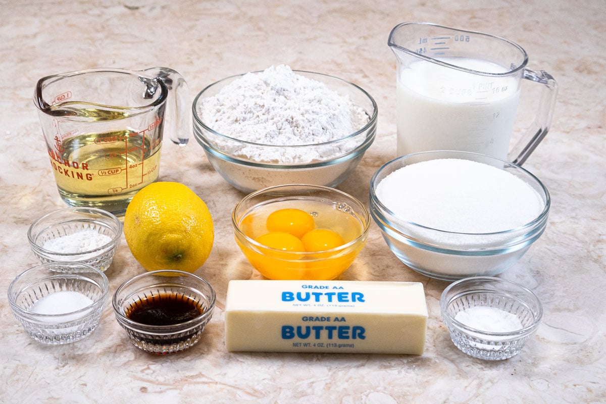 Cake ingredients are oil,cake flour, buttermilk, lemon, baking powder, eggs, egg yolk, granulated sugar, baking soda, vanilla, unsalted butter, salt. 