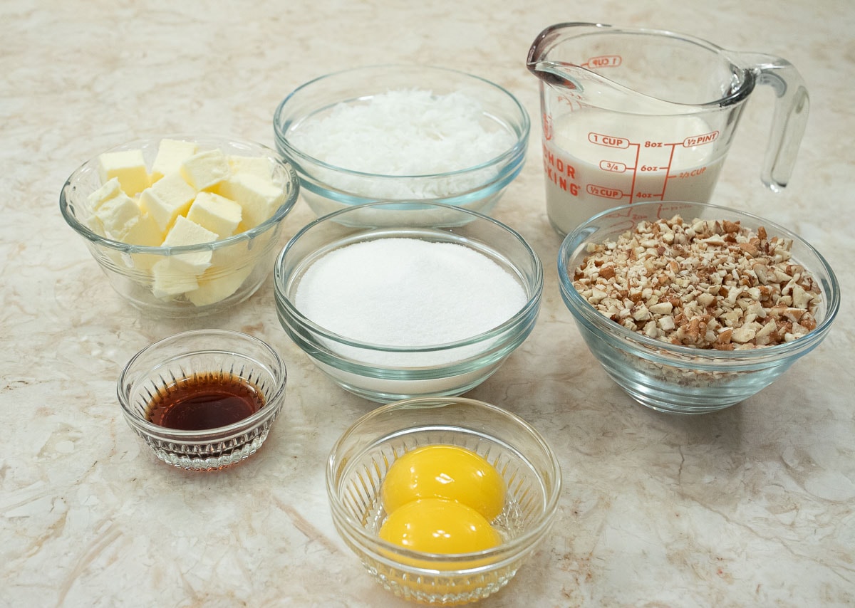 The coconut pecan filling ingredients are: butter ,coconut, evaporated milk, vanilla ,sugar, pecans and egg yolks.