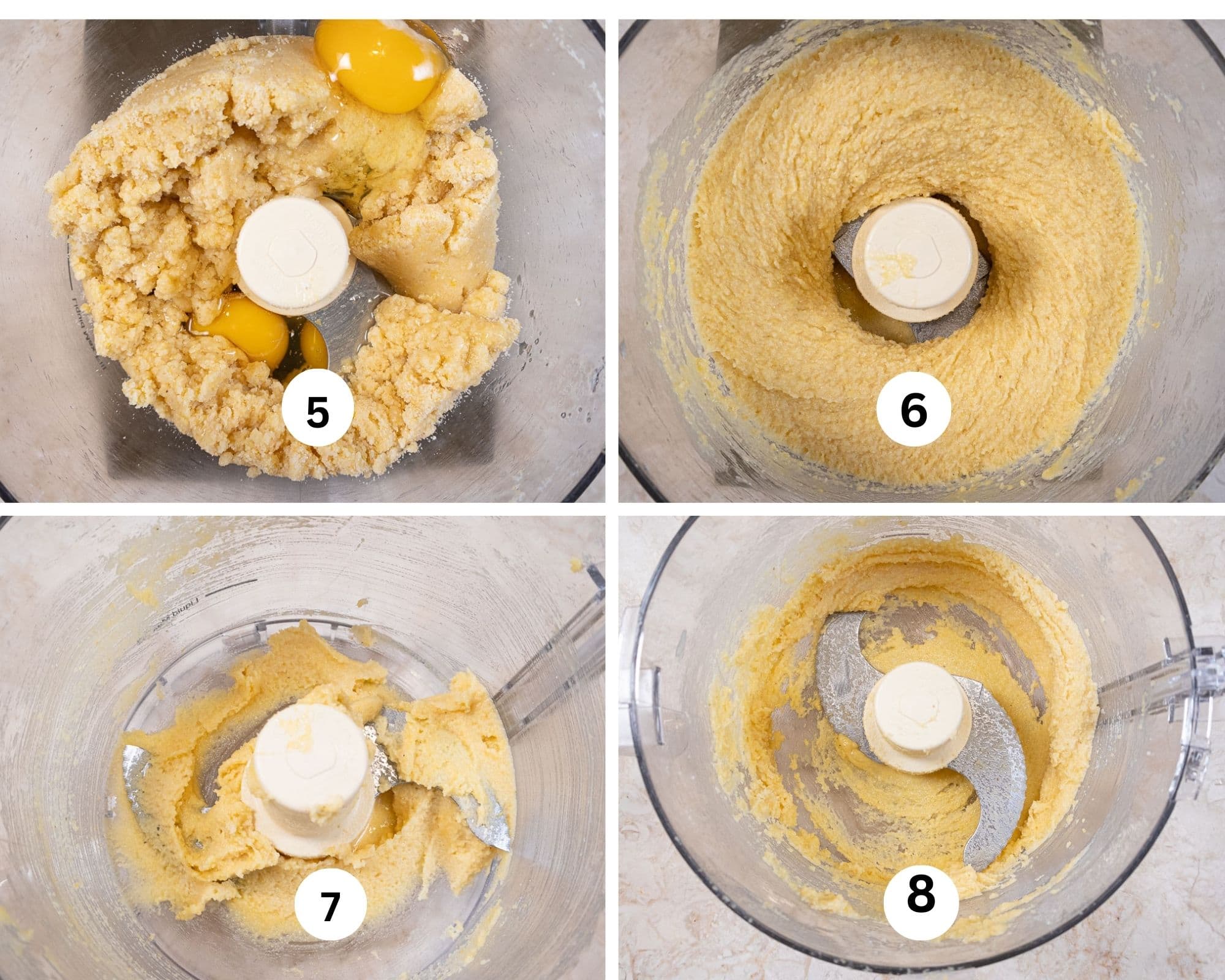 This collage shows the eggs being added, the batter processed, batter left on the processor blade and then flung to the side of the bowl.