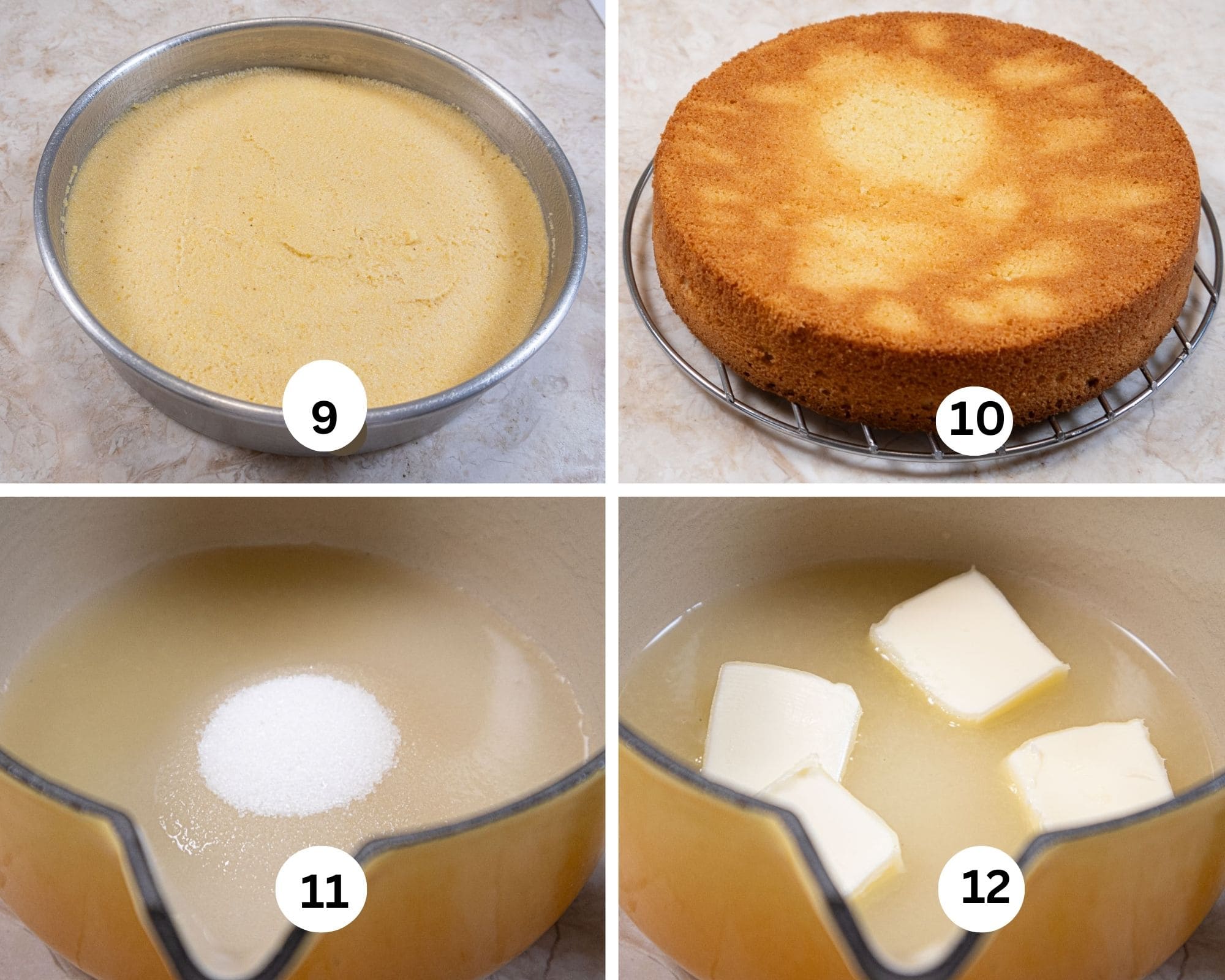 The third collage shows the batter smoothed int he baking pan, the cake baked and turned upside down, the lemon juice and sugar in a small pan and the butter added.