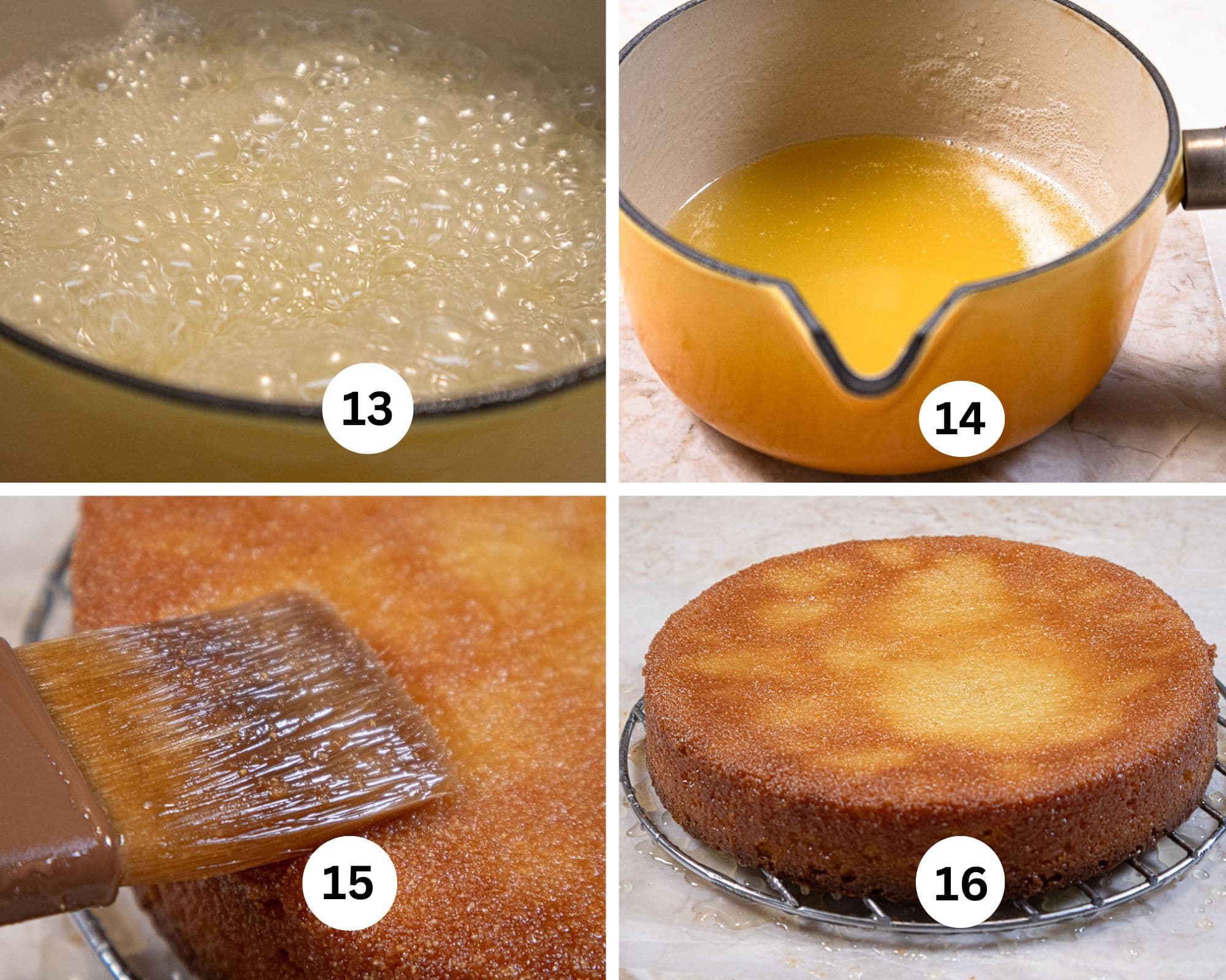 This collages hows the lemon soak boiling, then finished int he pan,being brushed on the cake and the cake totally soaked.