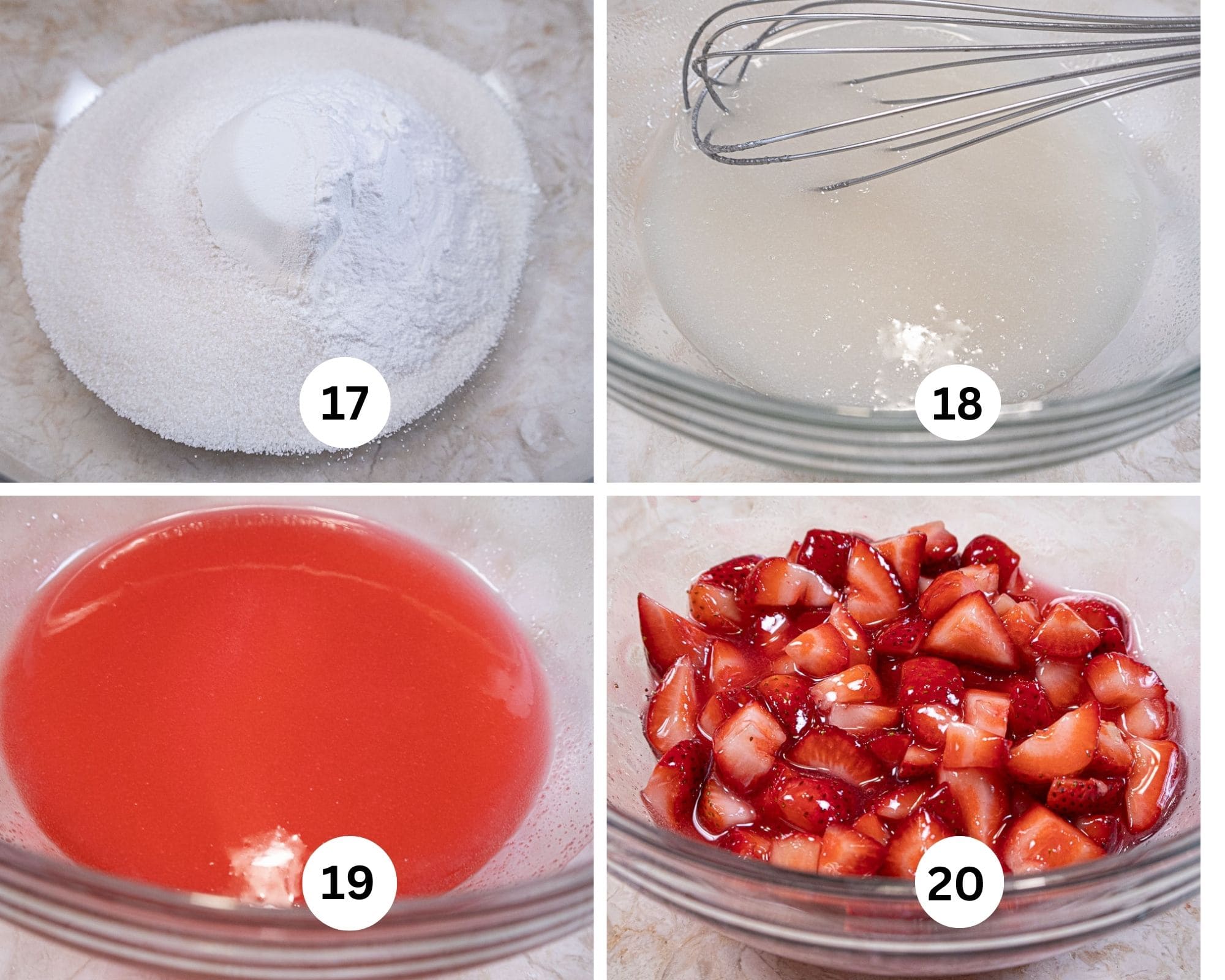 Instant clearjel and sugar in a bowl, whisked with water, red food coloring added and strawberries mixed in.