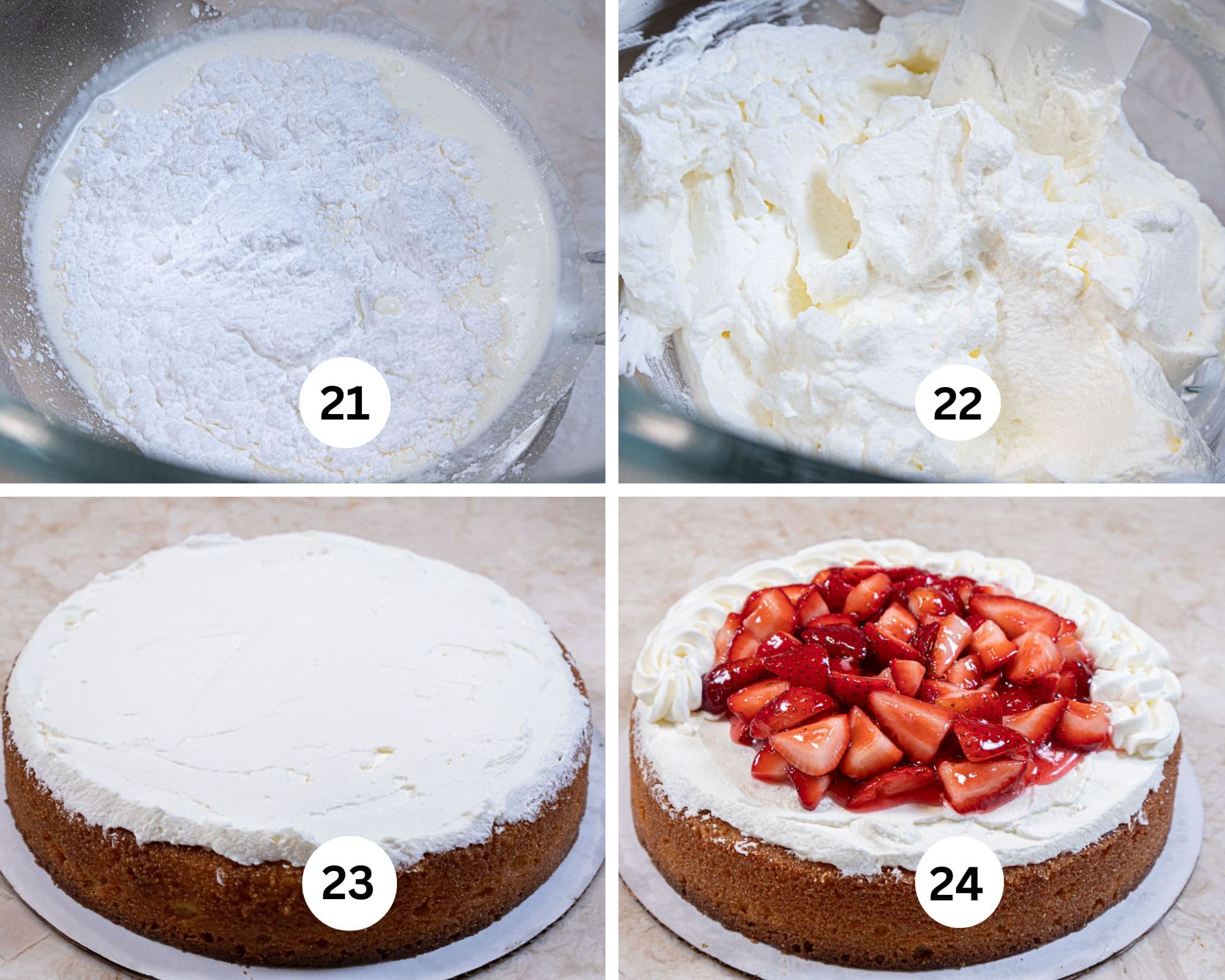 The last collage shows the cream and powdered sugar in a mixing bowl, it is whipped, spread on the cake and the cake is finished with the strawberries and  edged in whipped cream.