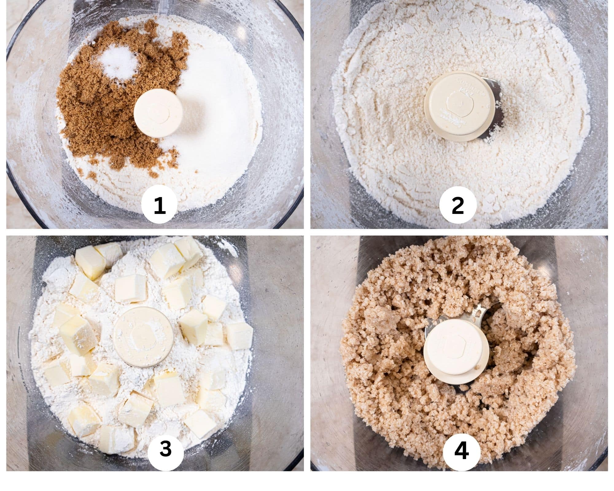 The Crumb Topping collage shows the dry ingredients in the processor bowl, mixed, butter added to processor and crumbs formed.