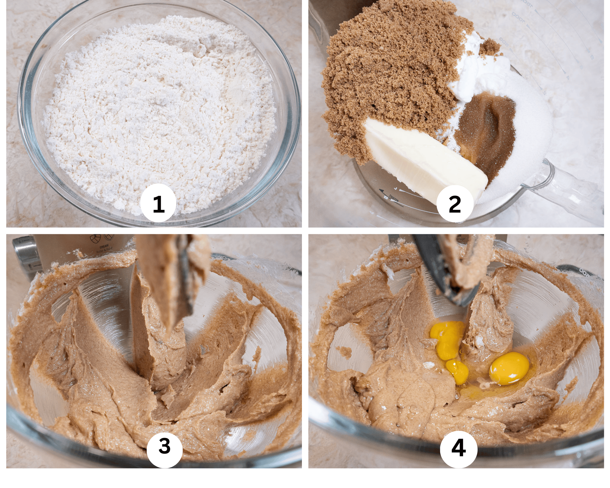The first collages shows a bowl holds the dry ingredients, the sugar, butter, shorting and vanilla in the bowl of a mixer.