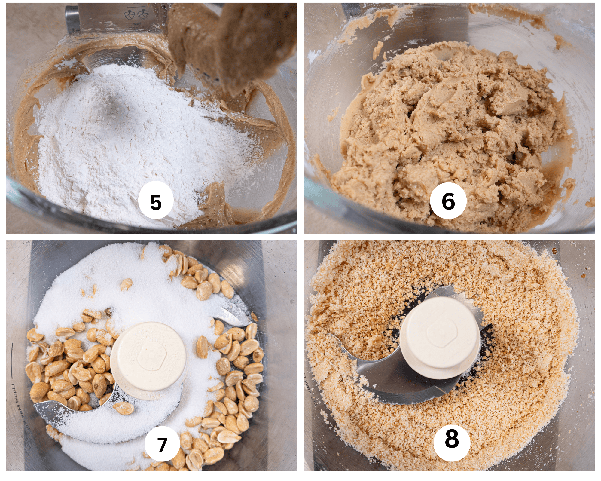 The second collage shows the flour added to the wet ingredients, the completed batter, peanuts and sugar in the processor bowl, then processed.  