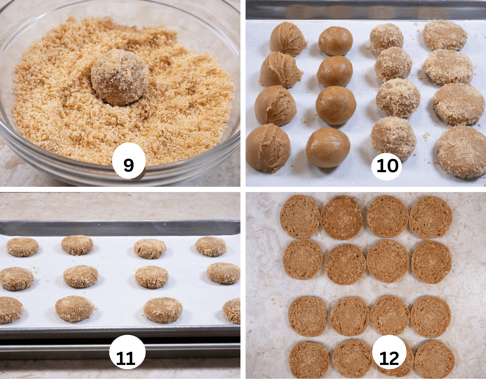 A cookie is rolled in the peanut sugar, the cookies on a sheet tray, double panned and sorted into pairs.