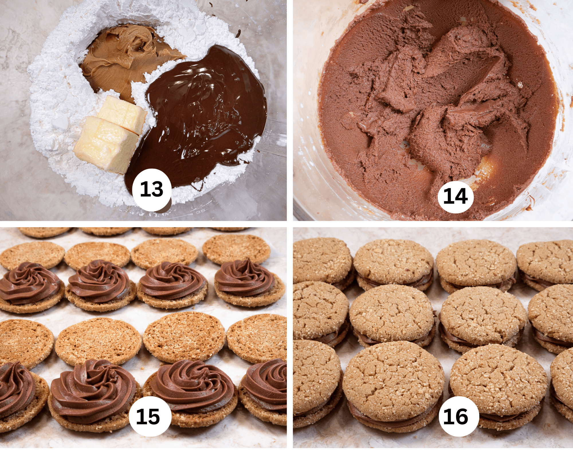 The fina collage shows
the ingrediets for the filling in the mixing bowl, the filling mixed, the filling piped on and the cookies sandwiched. 
