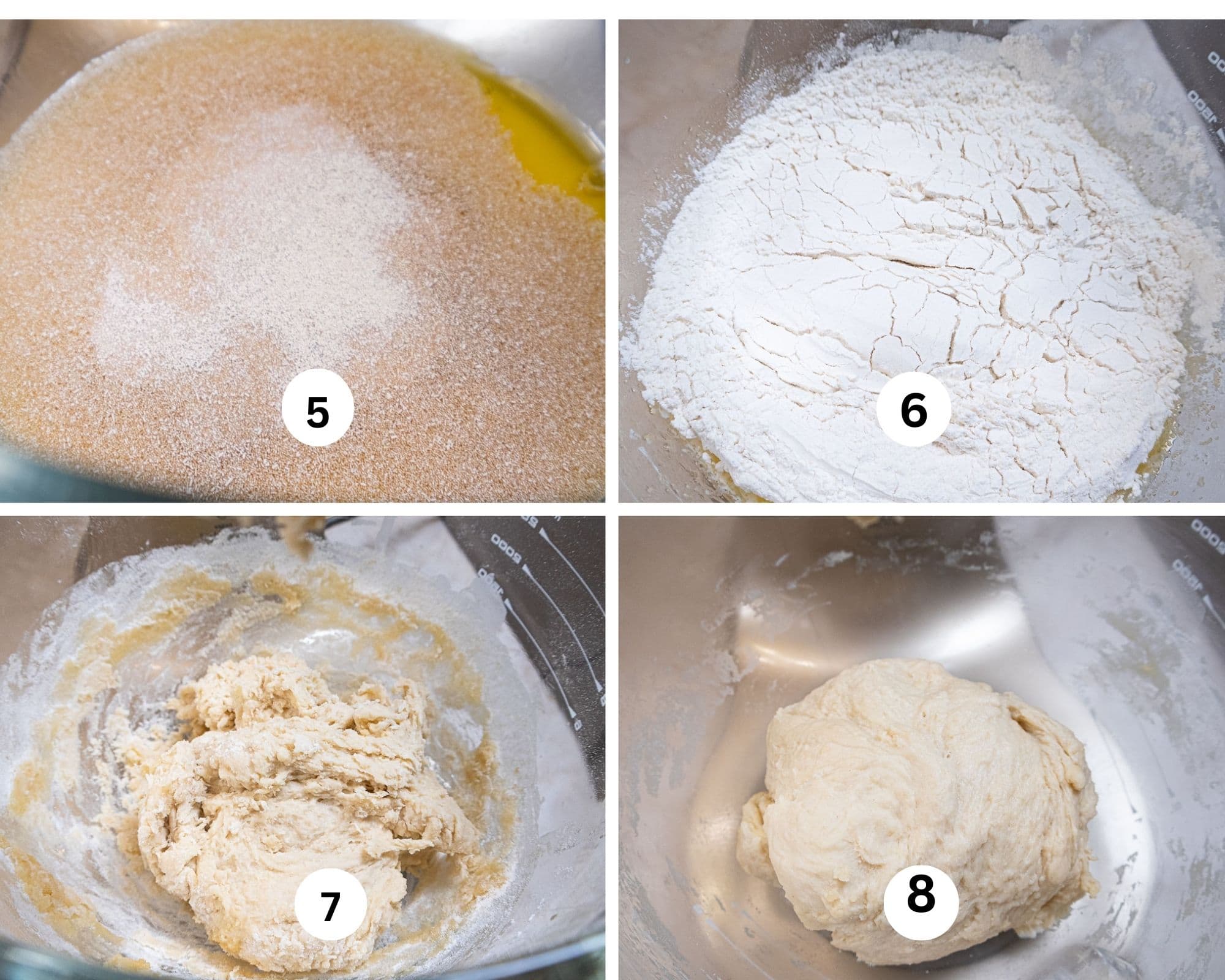 This collage shows the yeast combines with the liquid ingredients, the flour over the liquid ingredients in the mixing bowl, the dough initially mixed and then completely mixed.