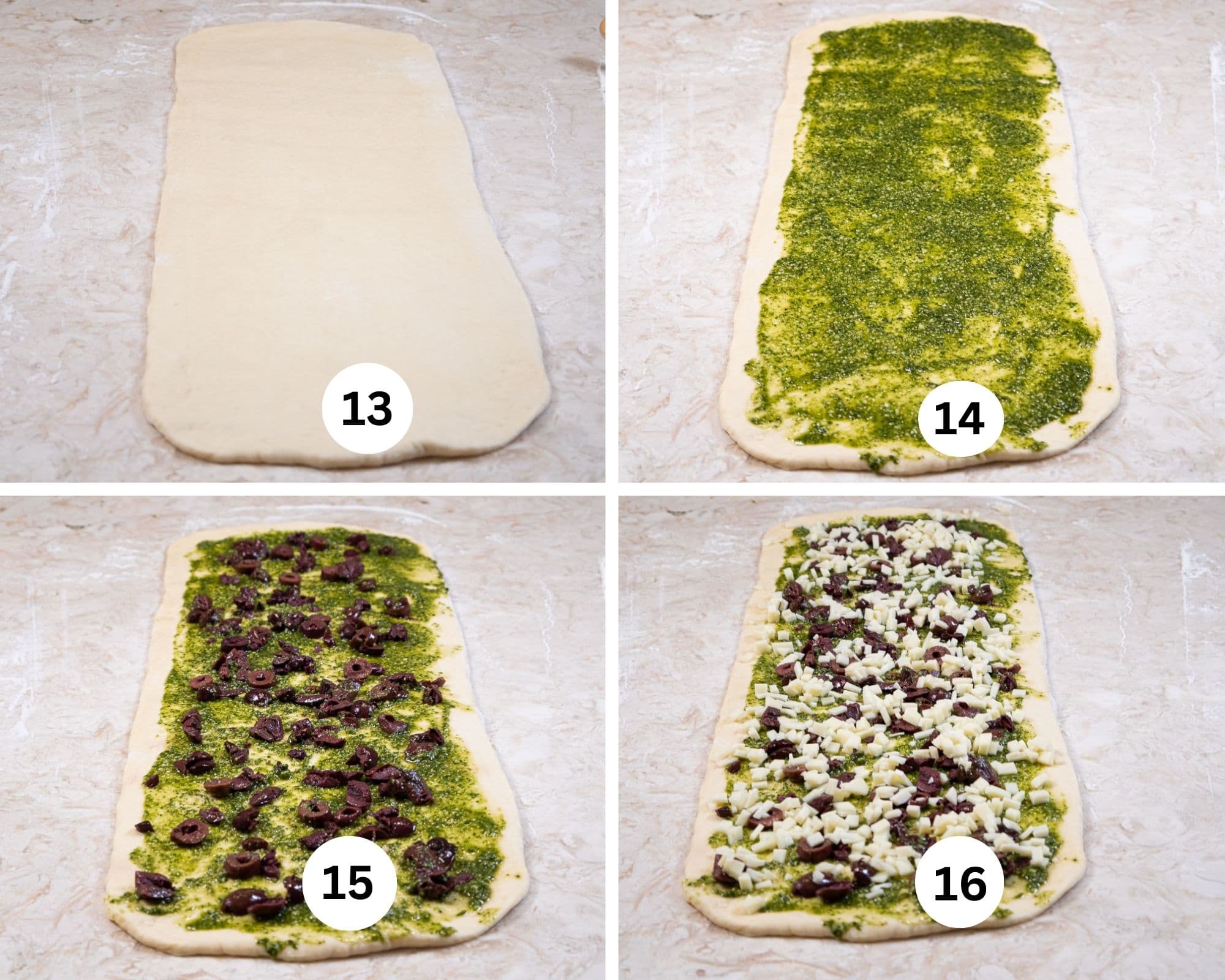 This collage shows the dough rolled out, spread with pesto and topped with the olives and cheese.
