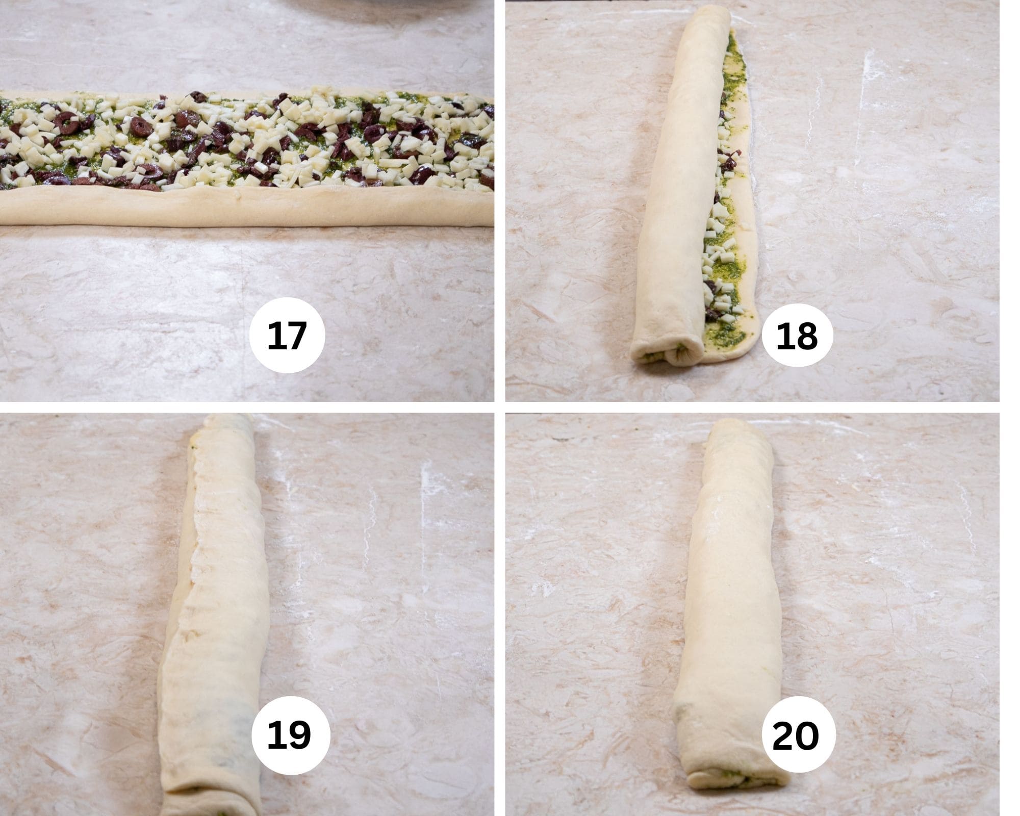 The steps in this collage show the filled dough being rolled from the long side, almost all rolled up, the end being pinched together and the roll turned over. 
