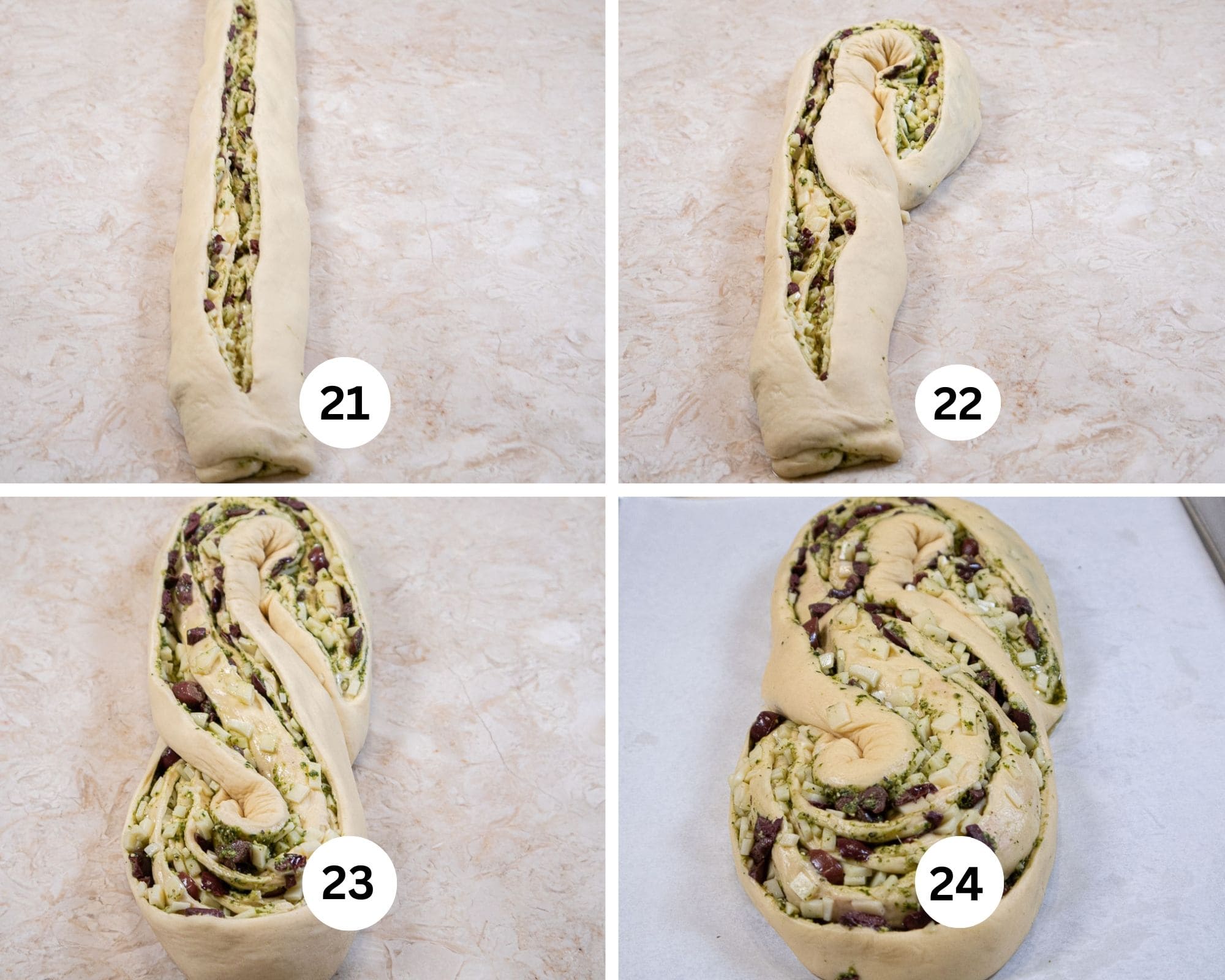 The last collage shows the roll of filled dough being cut open, the top of the dough pulled down to the center, the bottom of the dough brought  up to the center and the risen Pane Bianco.