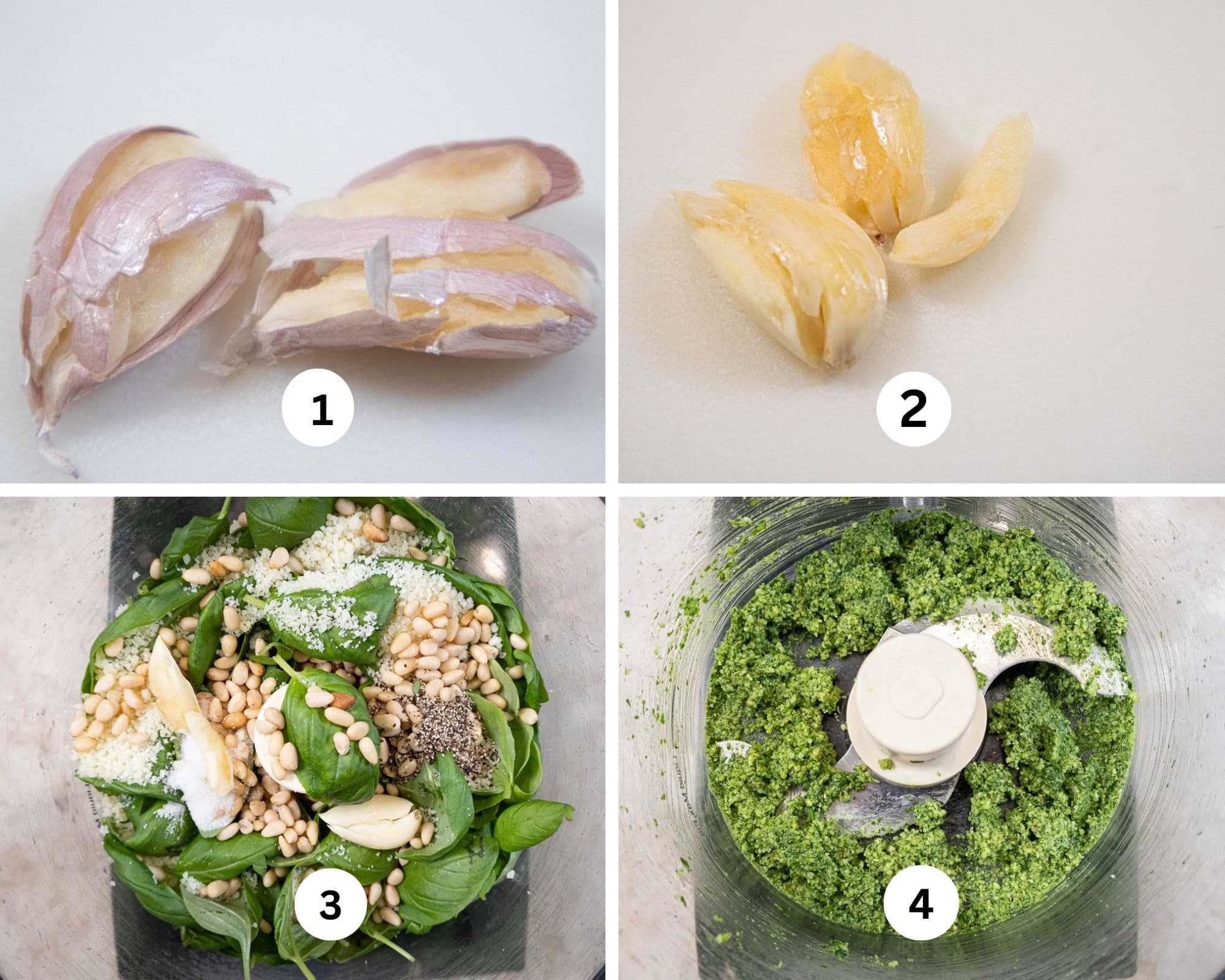 Pesto ingredients are garlic cloves, all ingredients in the processor and processed.