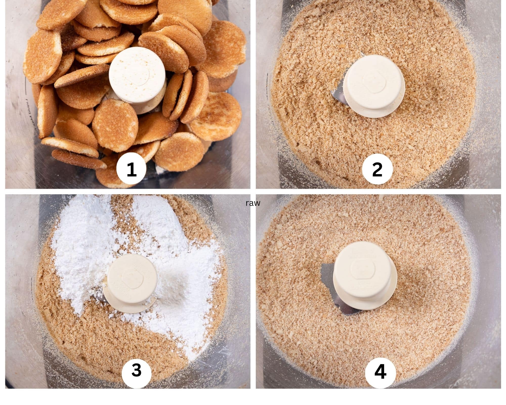 The crust collage shows the vanilla wafers in the processor bowl, processed, the powdered sugar added and processed.  
