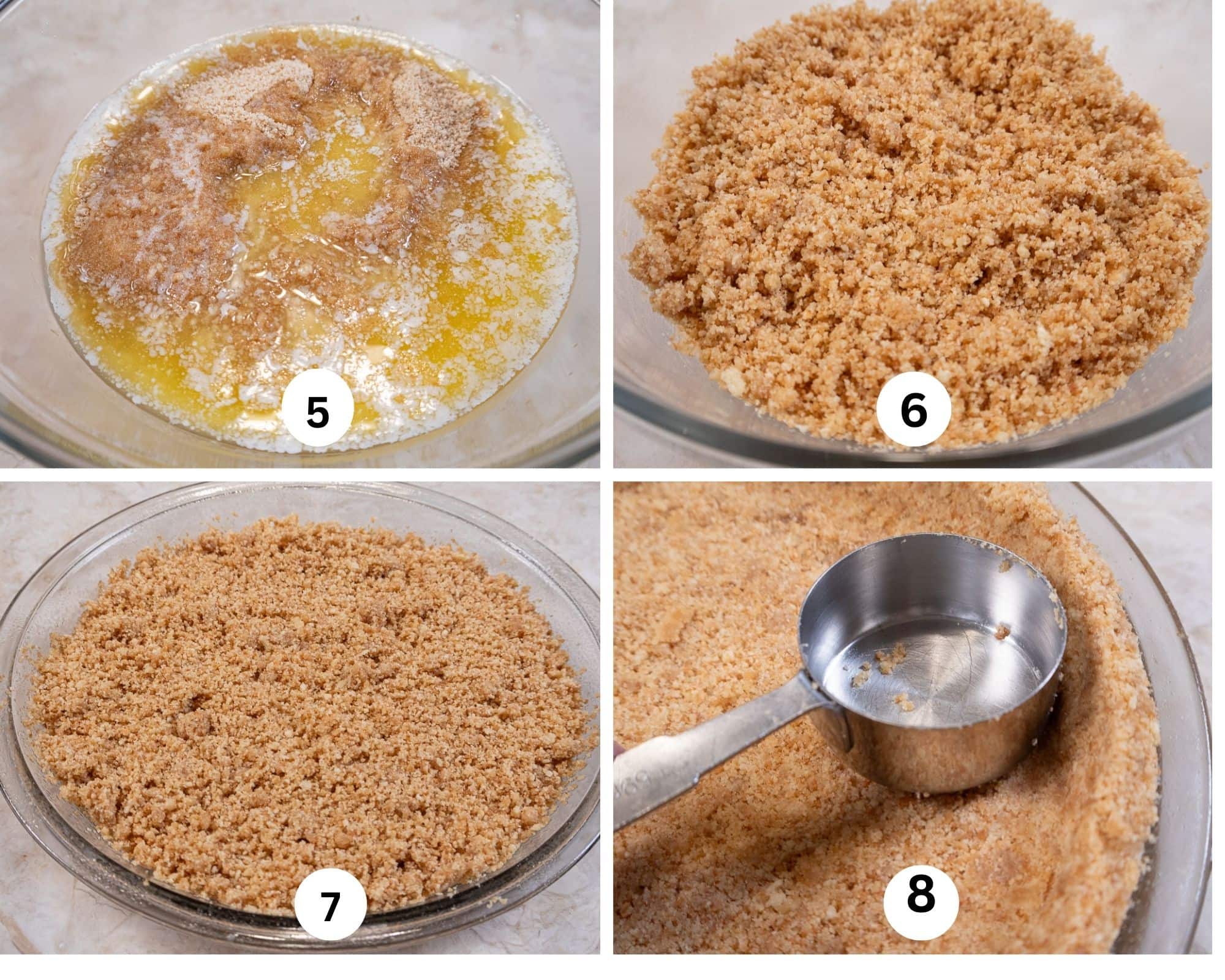 The second collage shows the butter added to the crumbs, mixed, in the pie plate and pressed in.