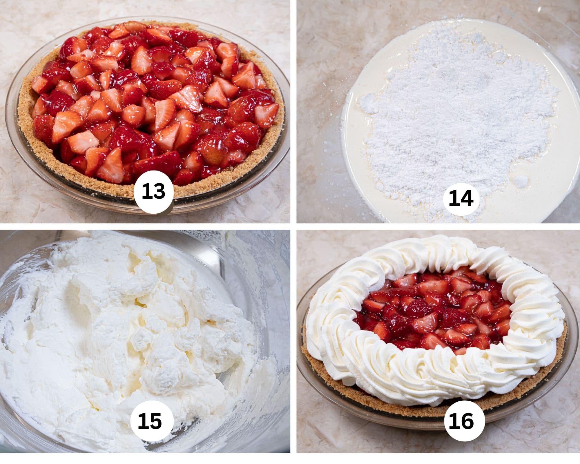 The final collage shows the strawberry filling in the pie shell, the powdered sugar and cream in a mixing bowl, whipped and piped onto the edge of the strawberry pie.