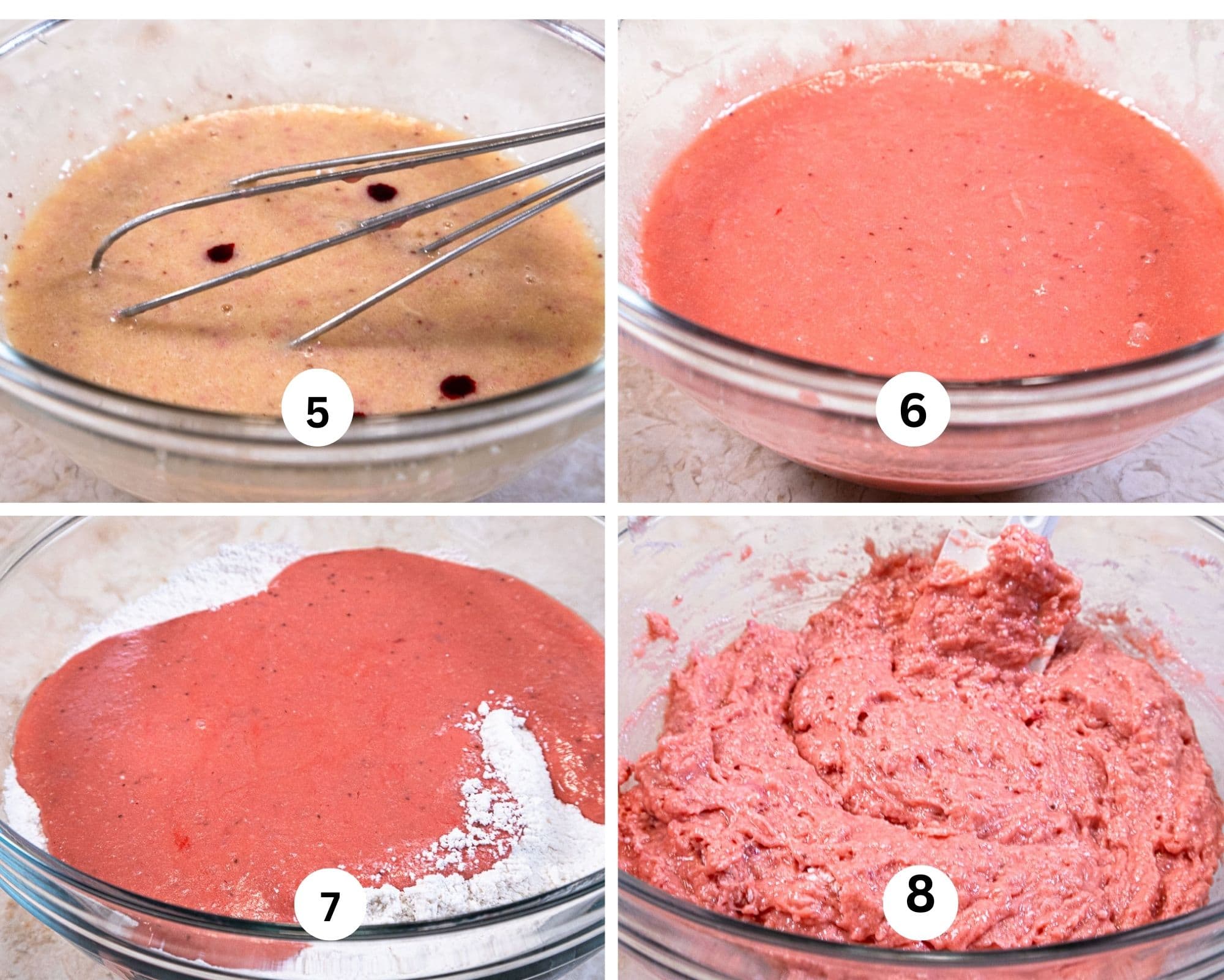 The second collage shows the red coloring in liquid ingredients, the ingredients mixed, the flour added and the finished batter.