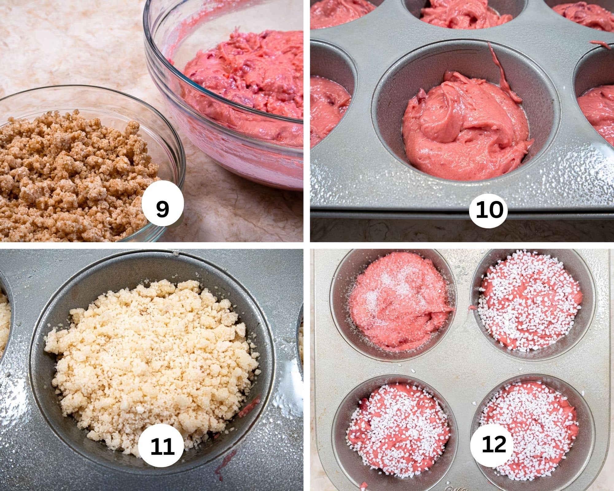 The last collage shows a bowl of crumbs and the batter, the batter  in a cupcake pan, crumbs on top and last muffins finished with sanding sugar and Swedish pearl sugar.
