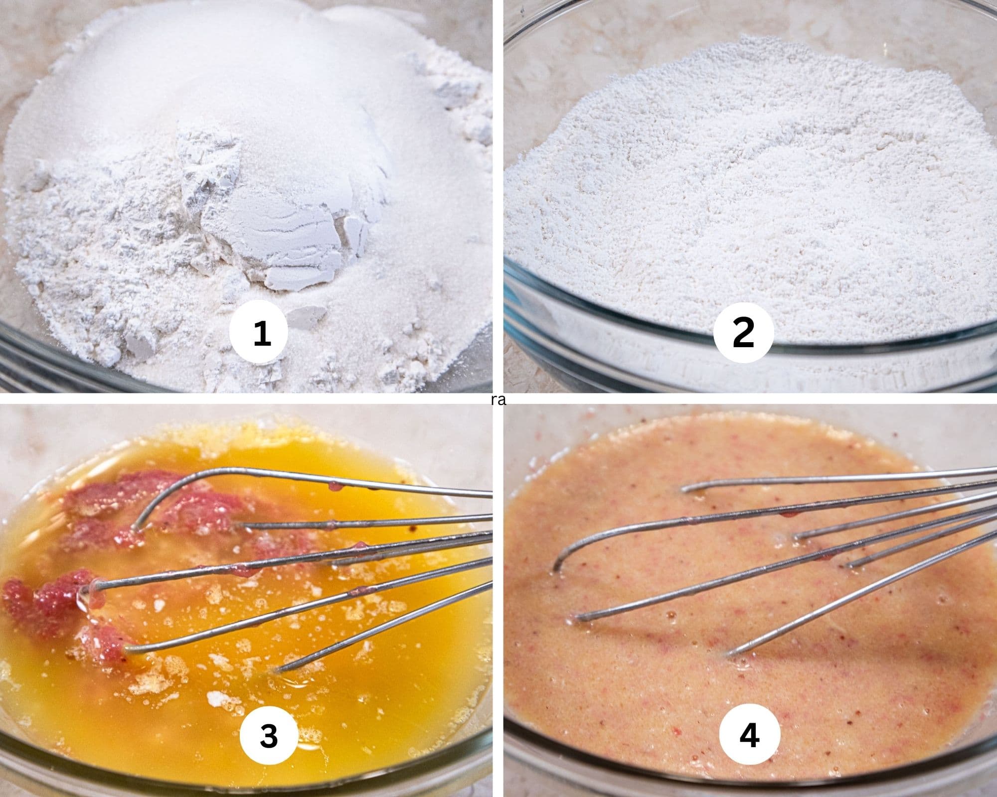 This collage shows the dry ingredients in a bowl, mixed, the wet ingredients in a separate bowl and mixerd.
