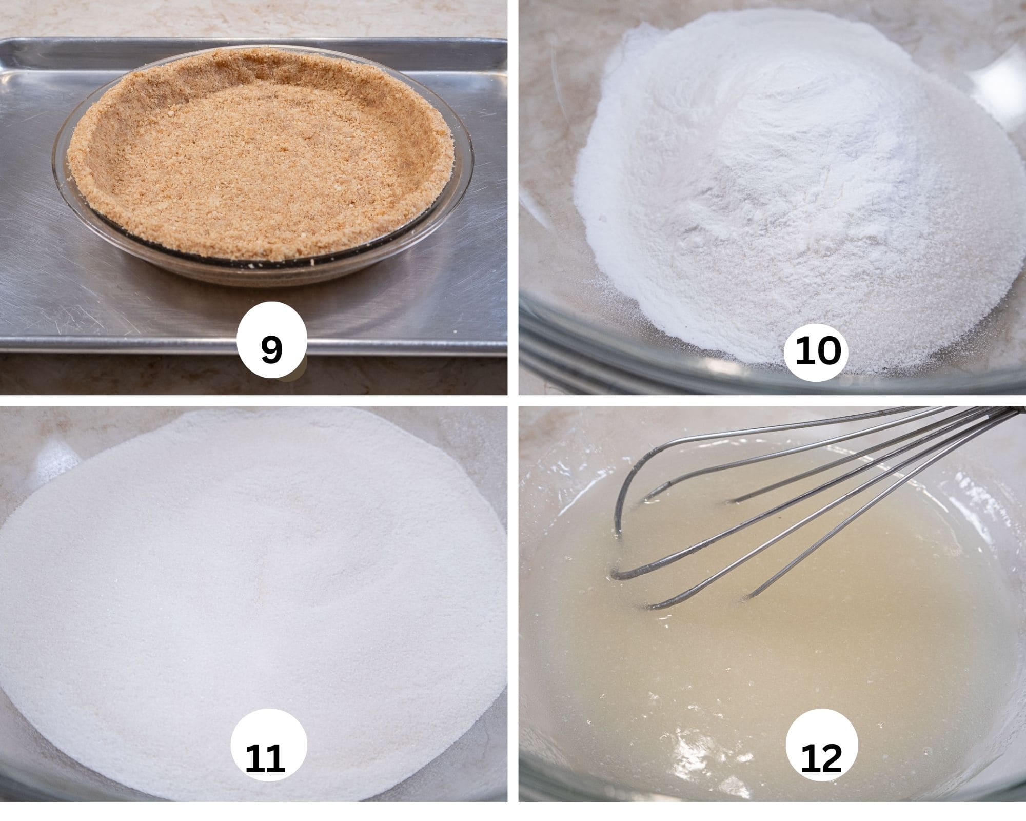 This collage shows the pie crust on a baking sheet, the dry ingredients mixed and the wet ingredients whisked. 