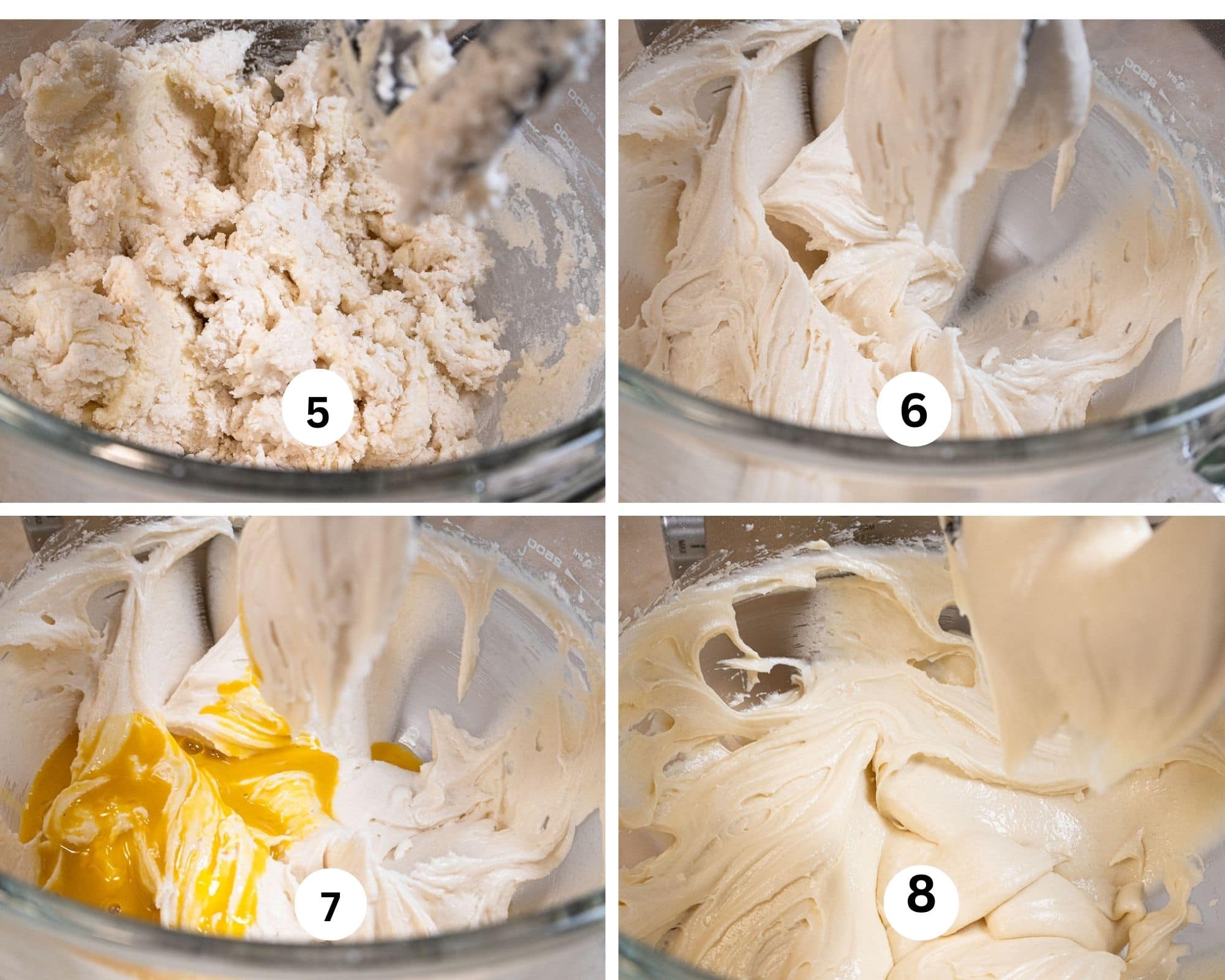 This collages shows the  batter mixed for 30 seconds, then mixed for2 minutes, ⅓ of theliquid ingredients added and mixed.