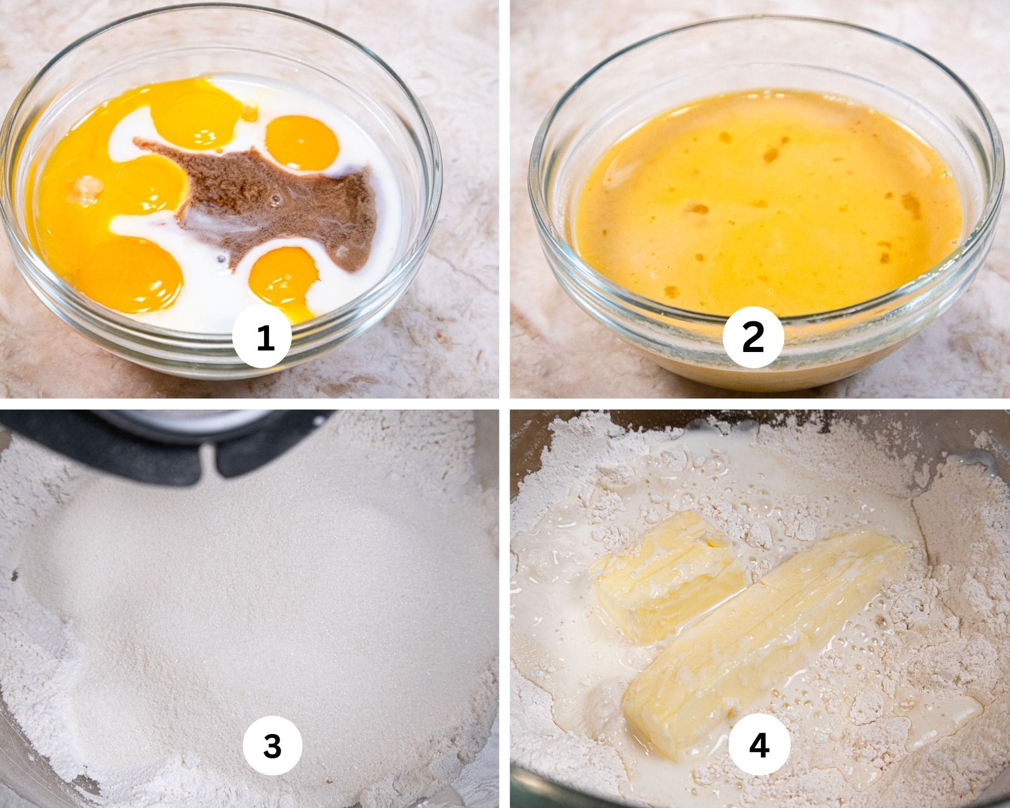 The first collage for the Yellow Buttermilk Cake shows the liquid ingredients in a bowl, then mixed the dry ingredients in a mixing bowl and then with the butter and buttermilk.