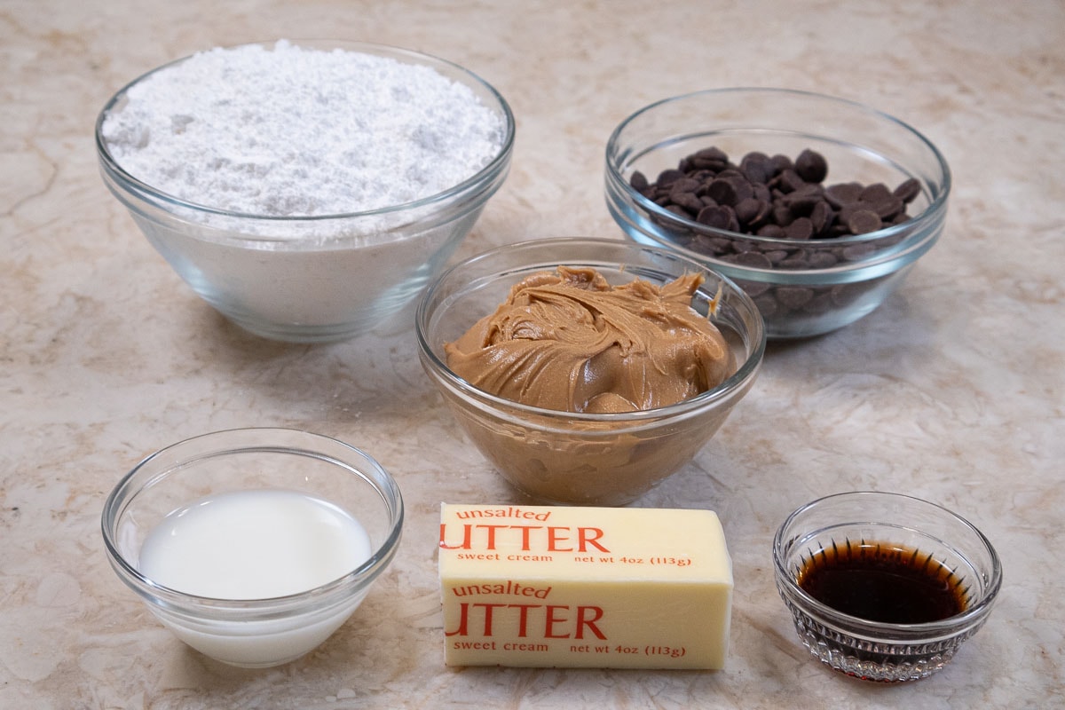 Filling ingredients powdered sugar, chocolate peanut butter, butter, vanilla, milk.