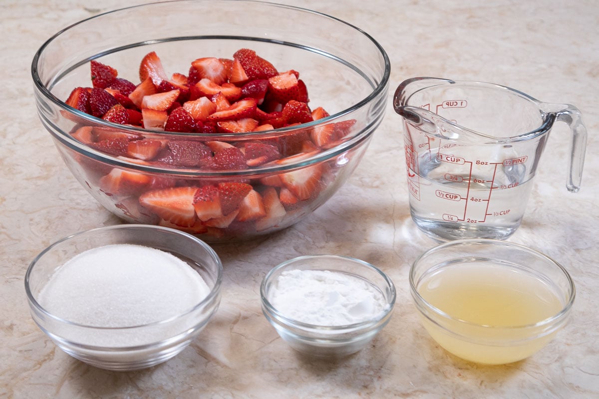 Ingredients for the filling are fresh strawberries, water, granulated sugar, instant clear jel and lemon juice.