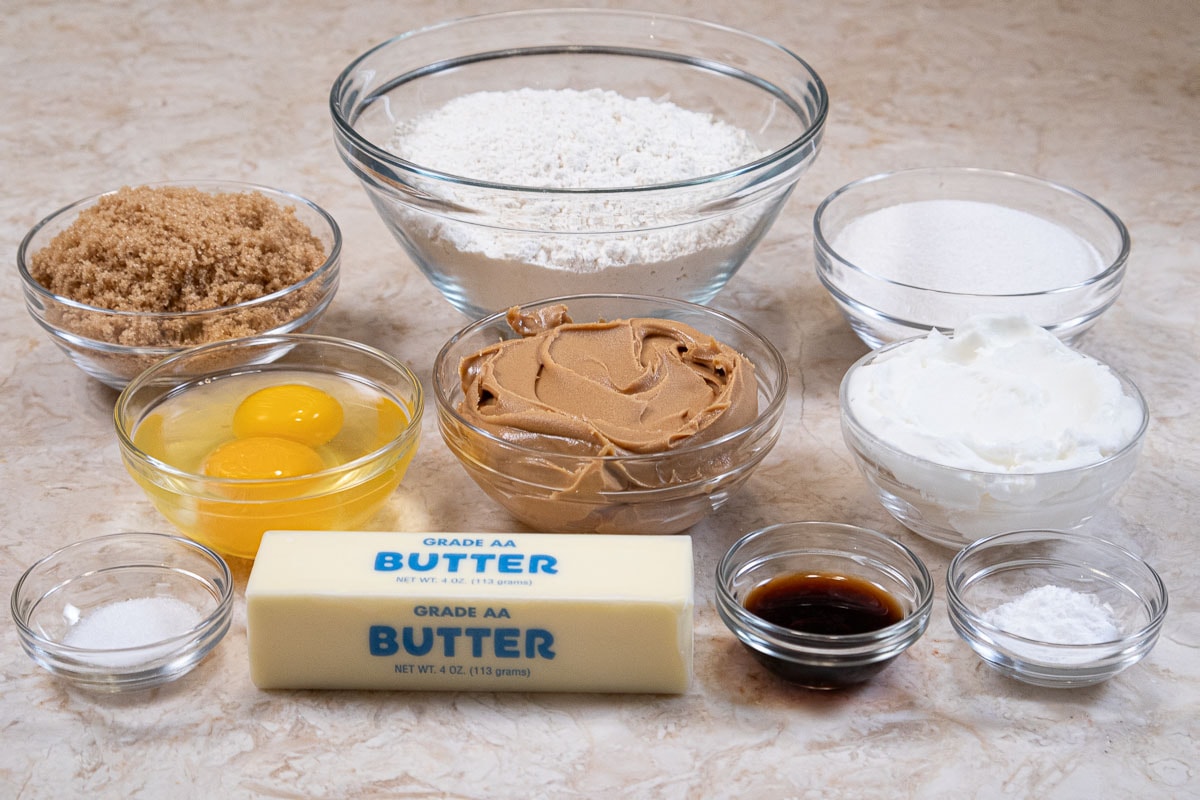 Ingredients for the peanut butter cookie are bread flour, baking soda, salt, peanut butter, butter, shortening, granulated sugar, brown sugar, vanilla and eggs. 