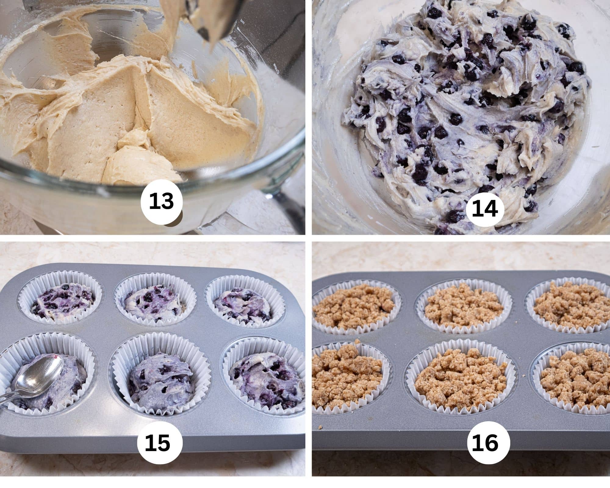 The last collages shows the finished batter, the blueberries folded in and the  muffins on a topped with crumbs.
