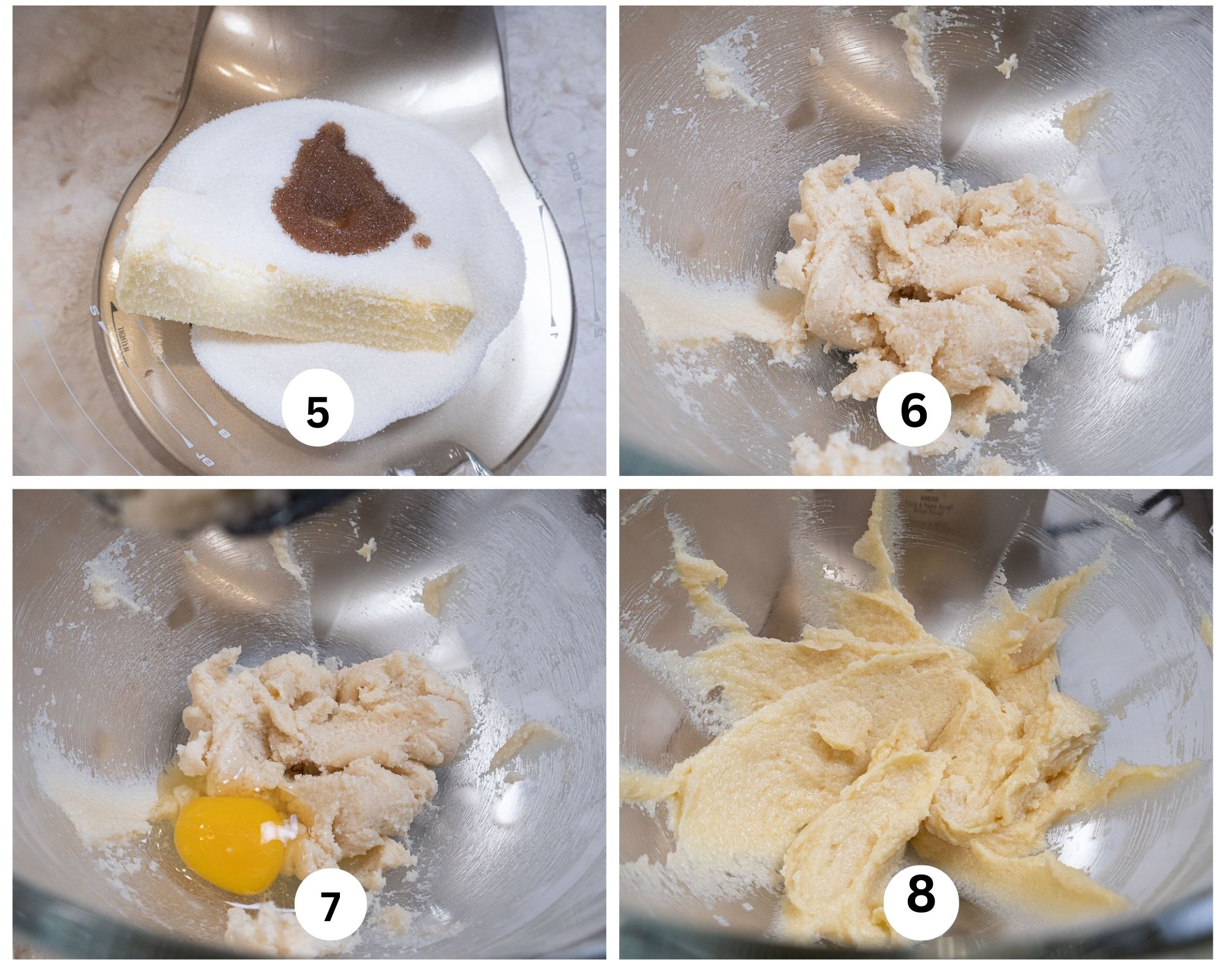 This collage shows the butter, sugar and vanilla in the bowl of a mixer, mixed, first egg added and batter formed.