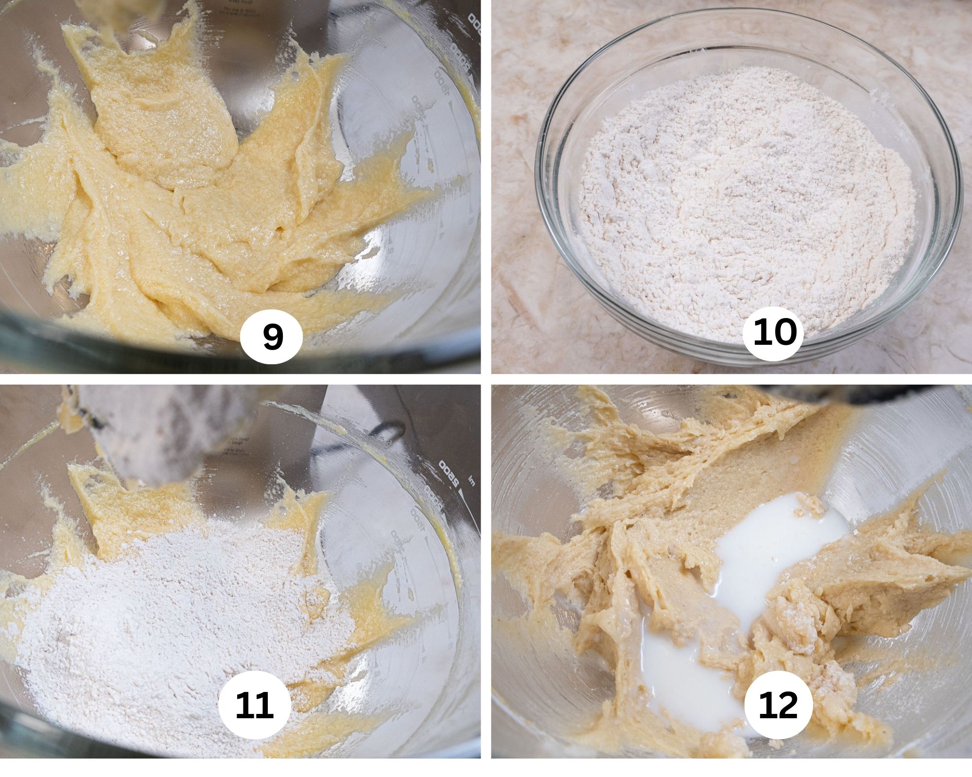 This collages shows the last egg has left the batter curdled, the dry ingredients blended, part of the flour in the mixer, part of the milk added to the batter.