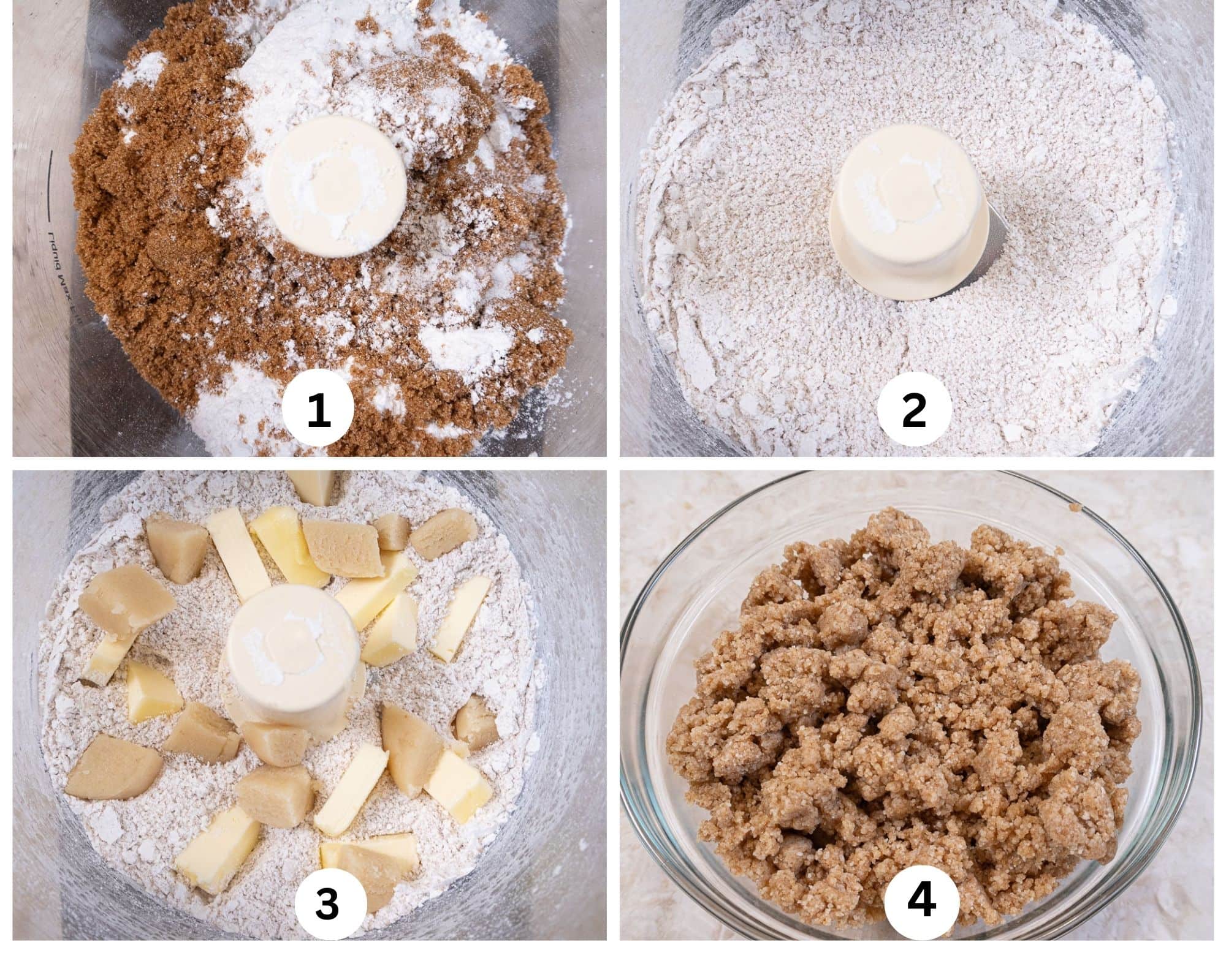 The first collage shows the dry ingredients for the brown sugar almond crumble in the processor.