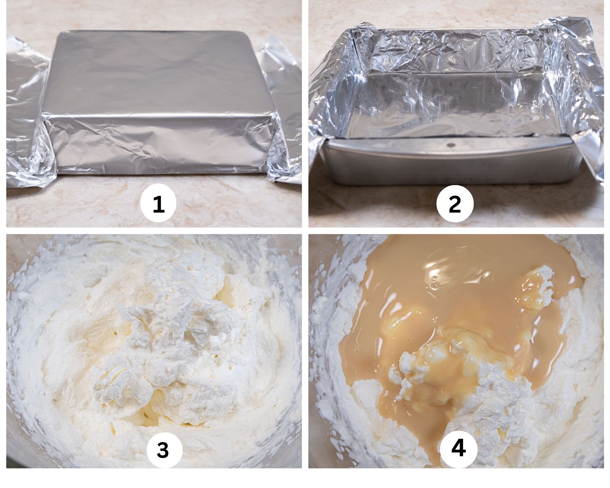 The first collage shows a 9x9 inch square pan being covered on the bottom with foil, the foil is then put inside the pan, the cream whipped and the condensed milk added to it.