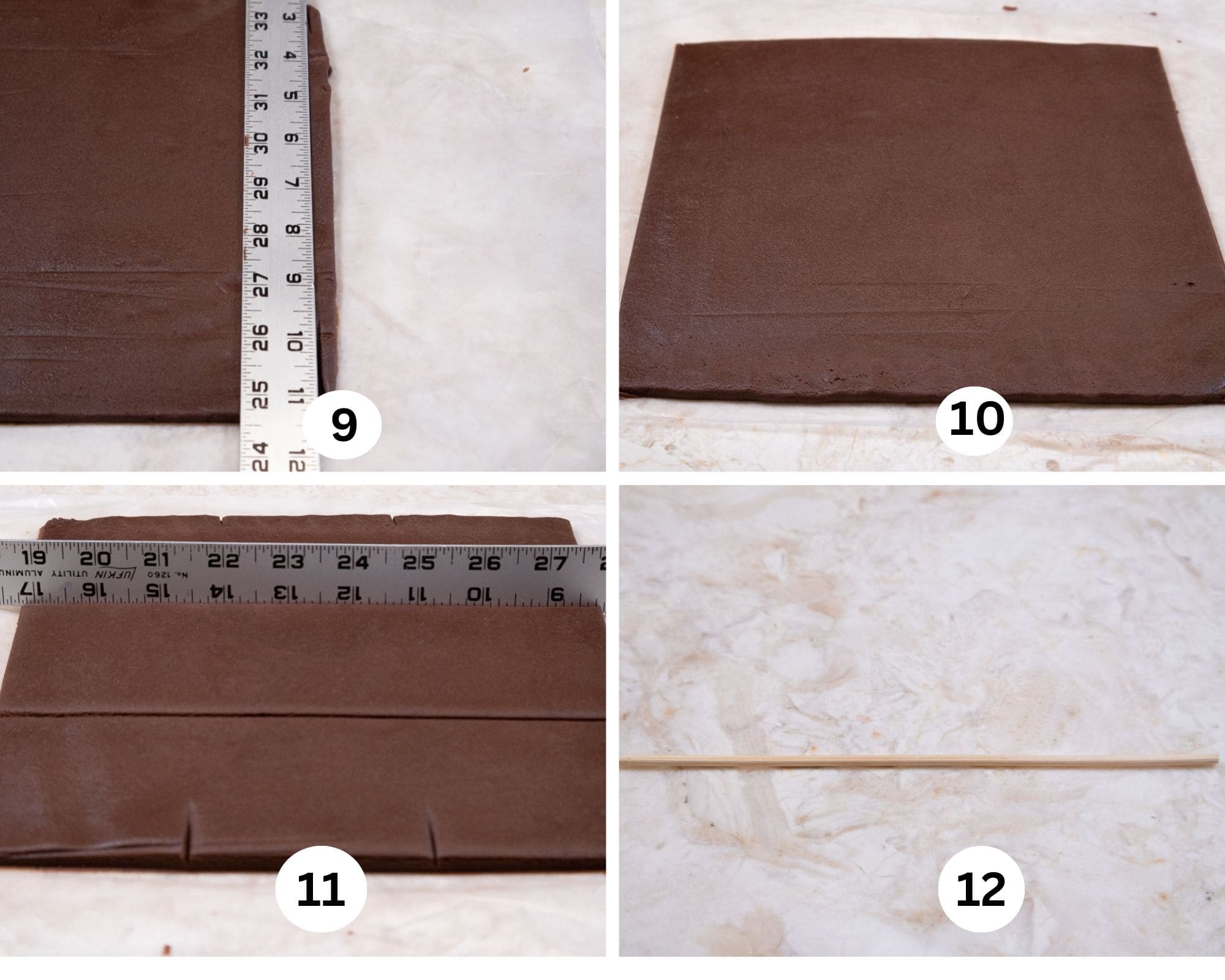 This collage shows the edges of the dough being trimmed, the trimmed dough, the dough being marked into squares and a bamboo skewer.