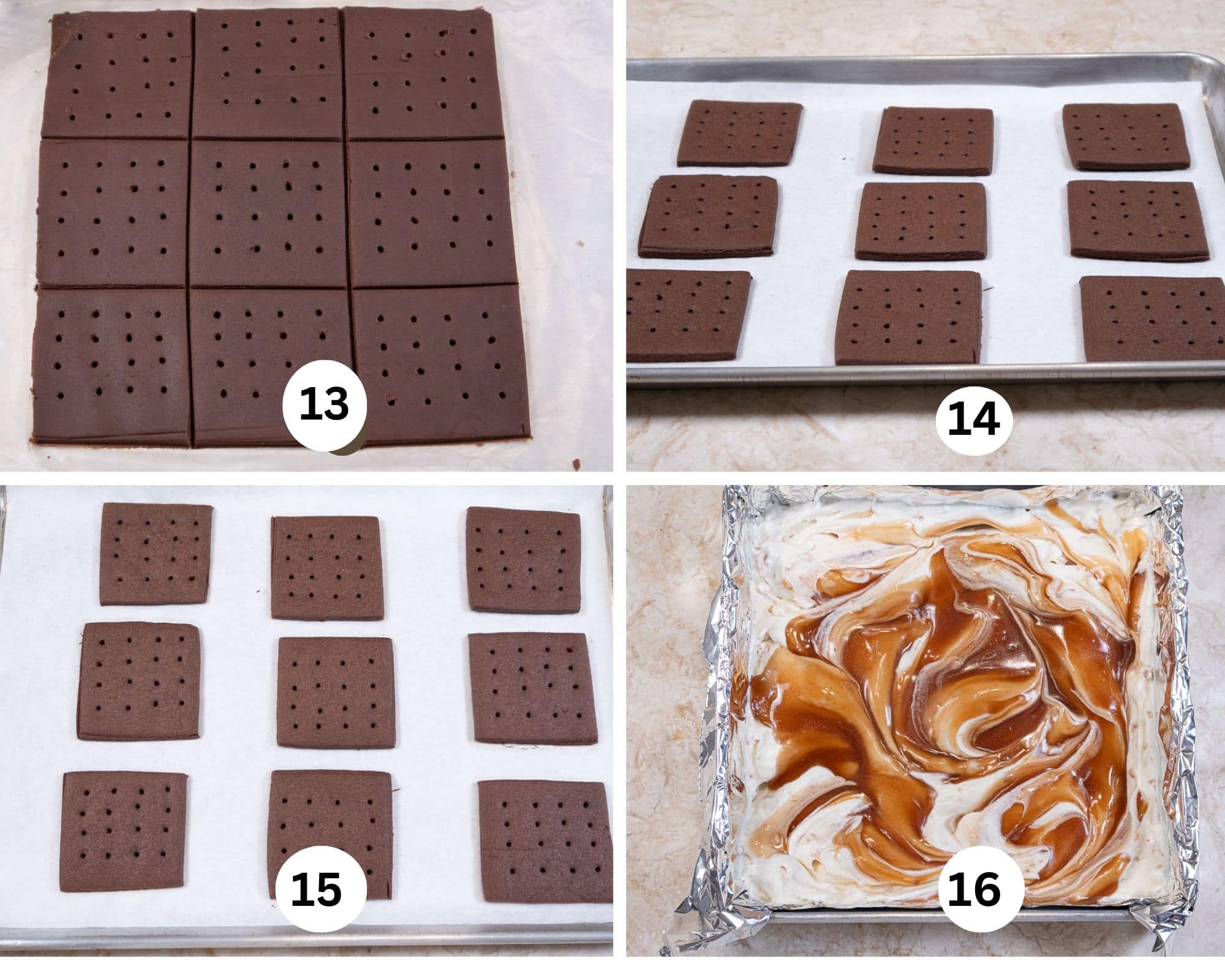 The fourth collage shows the cookies marked and the holes made in them, on a baking sheet, baked and the Caramel Brickle Ice Cream in a pan.