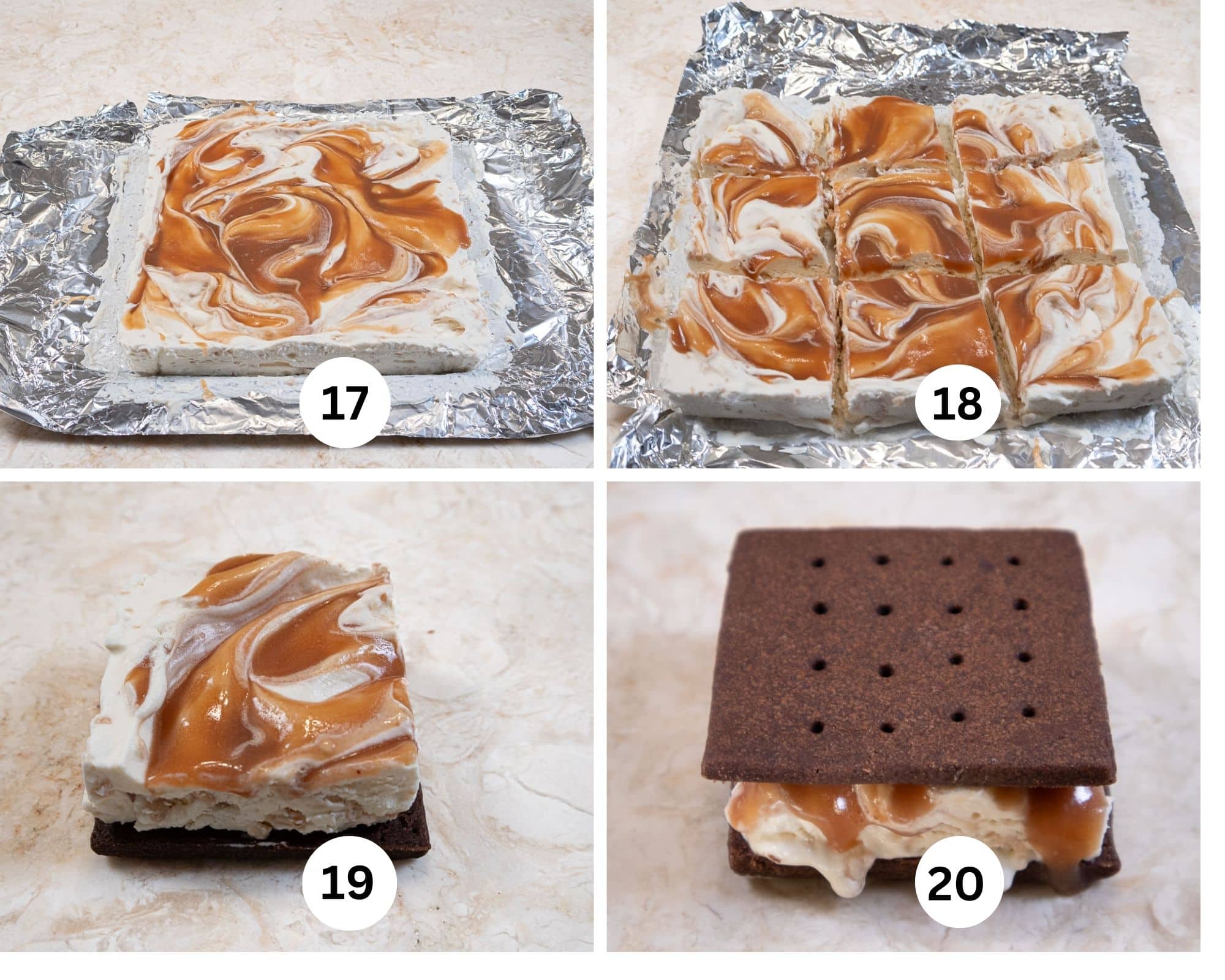 The last collage shows the foil been turned down from the edges, it is cut into 9 squares, one square is place on the bottom of the cookie, the top cookie is added. 