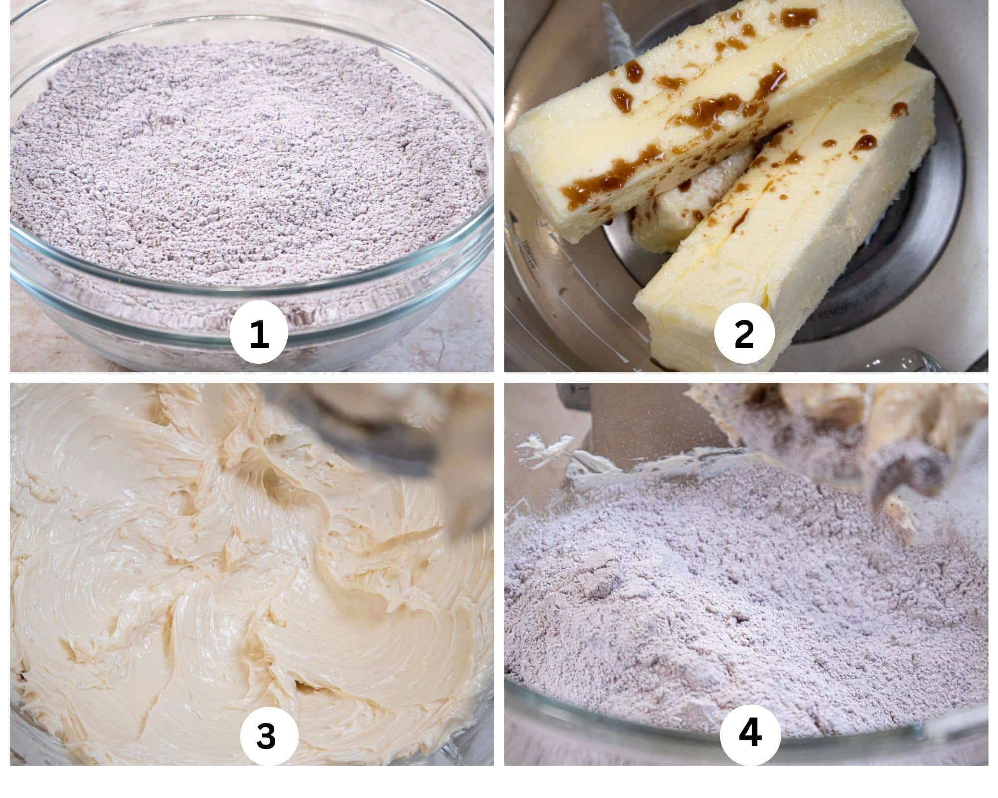 The first collage for the Ice Cream Sandwiches is a bowl of dry ingredients whisked, butter, sugar and powdered sugar in the bowl of a   mixer, mixed and flour added to bowl.