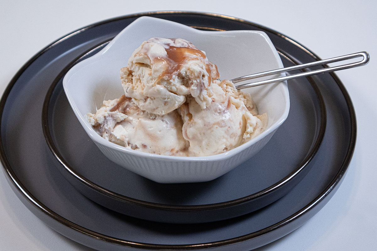 The photo is of the ice cream in a white bowl on two gray plates.